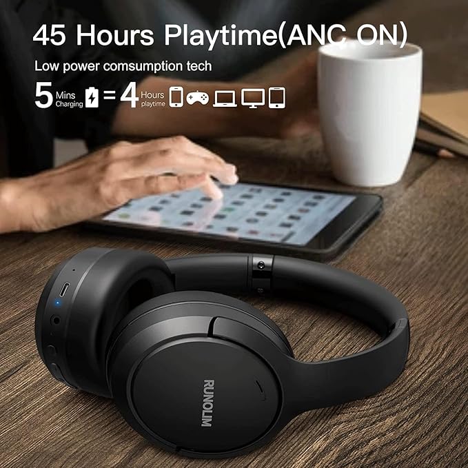 Wireless ANC Over Ear Headphones 70H Playtime Deep Bass Foldable