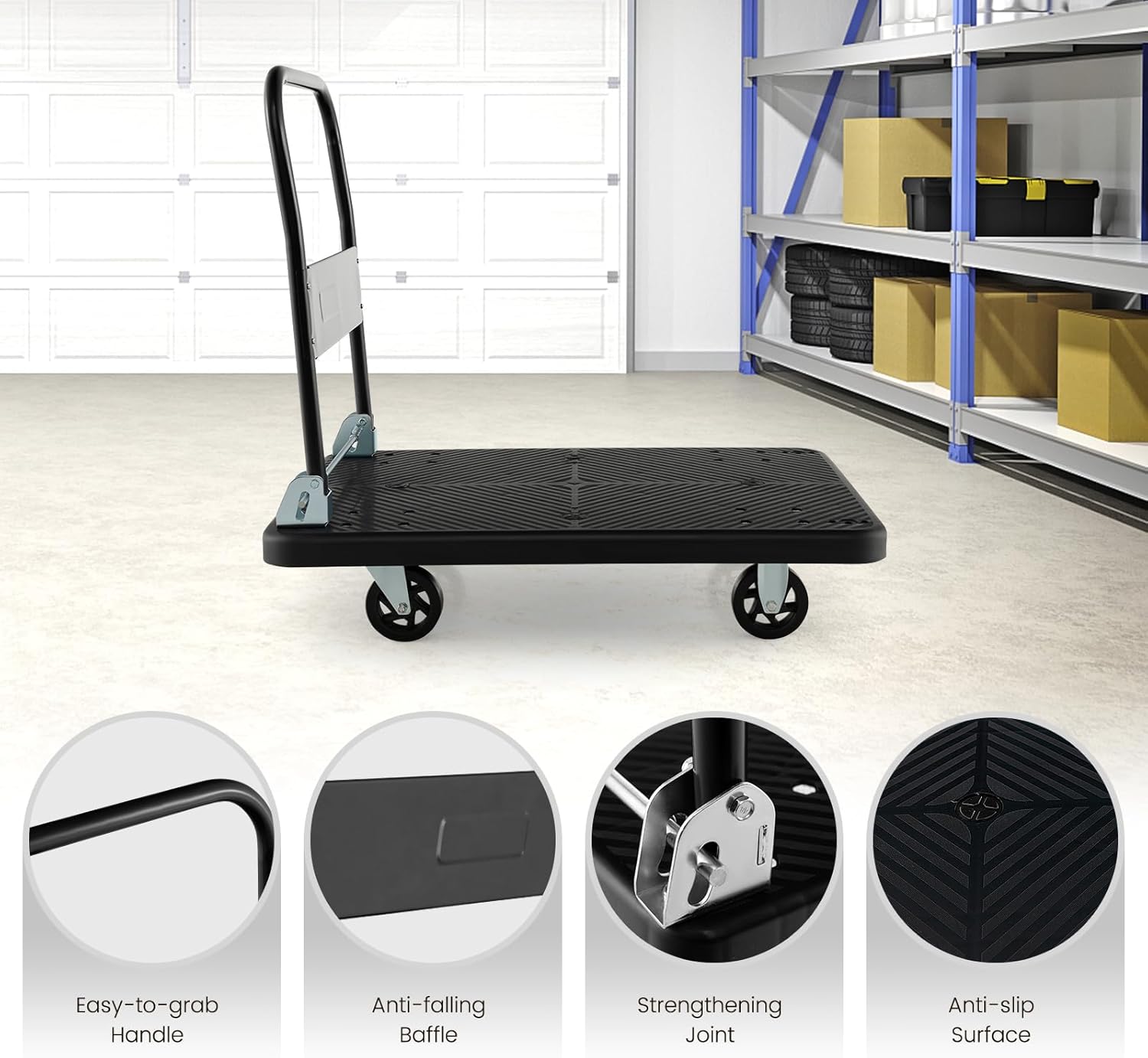 Folding Push Cart Dolly 400KG Flatbed Trolley Black