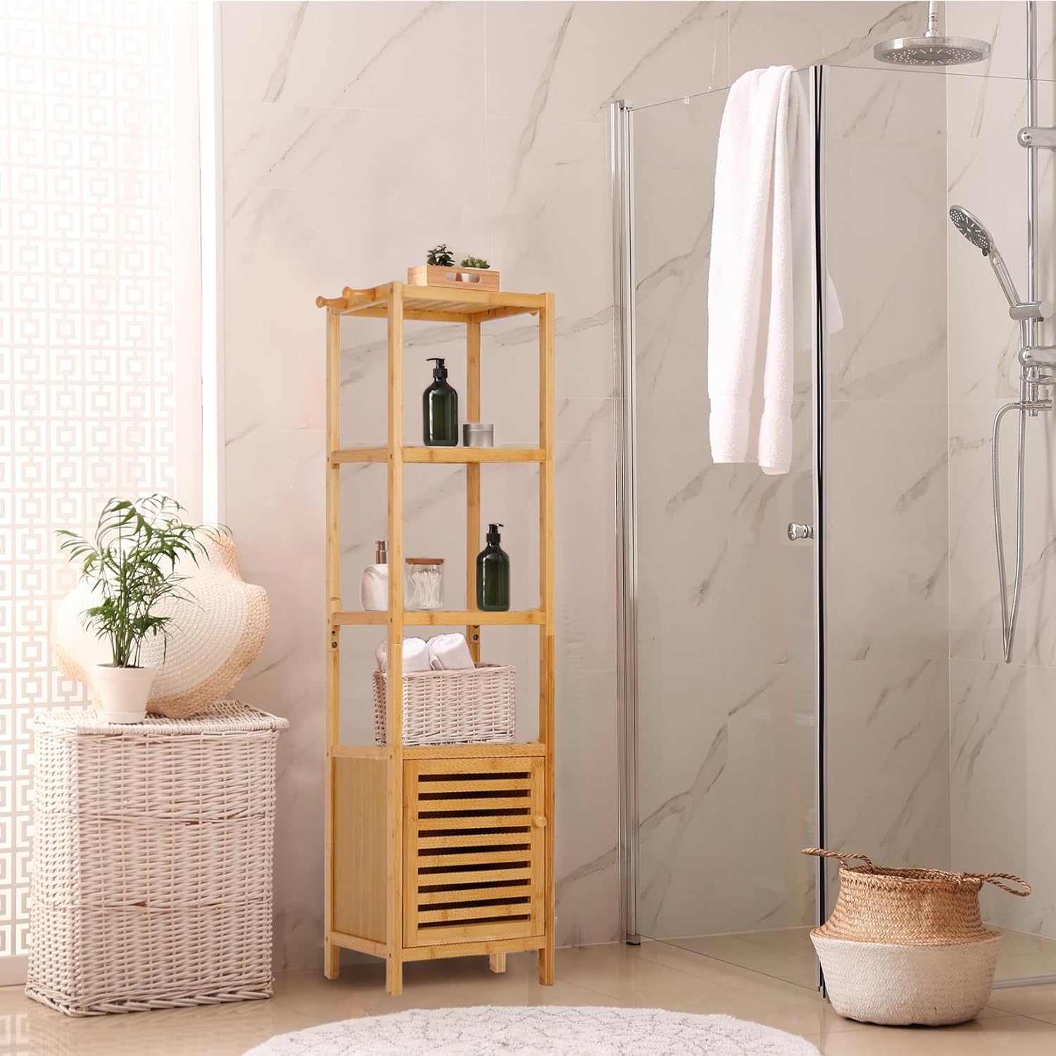 Tall Bamboo Bathroom Storage Cabinet Natural Shelf Unit