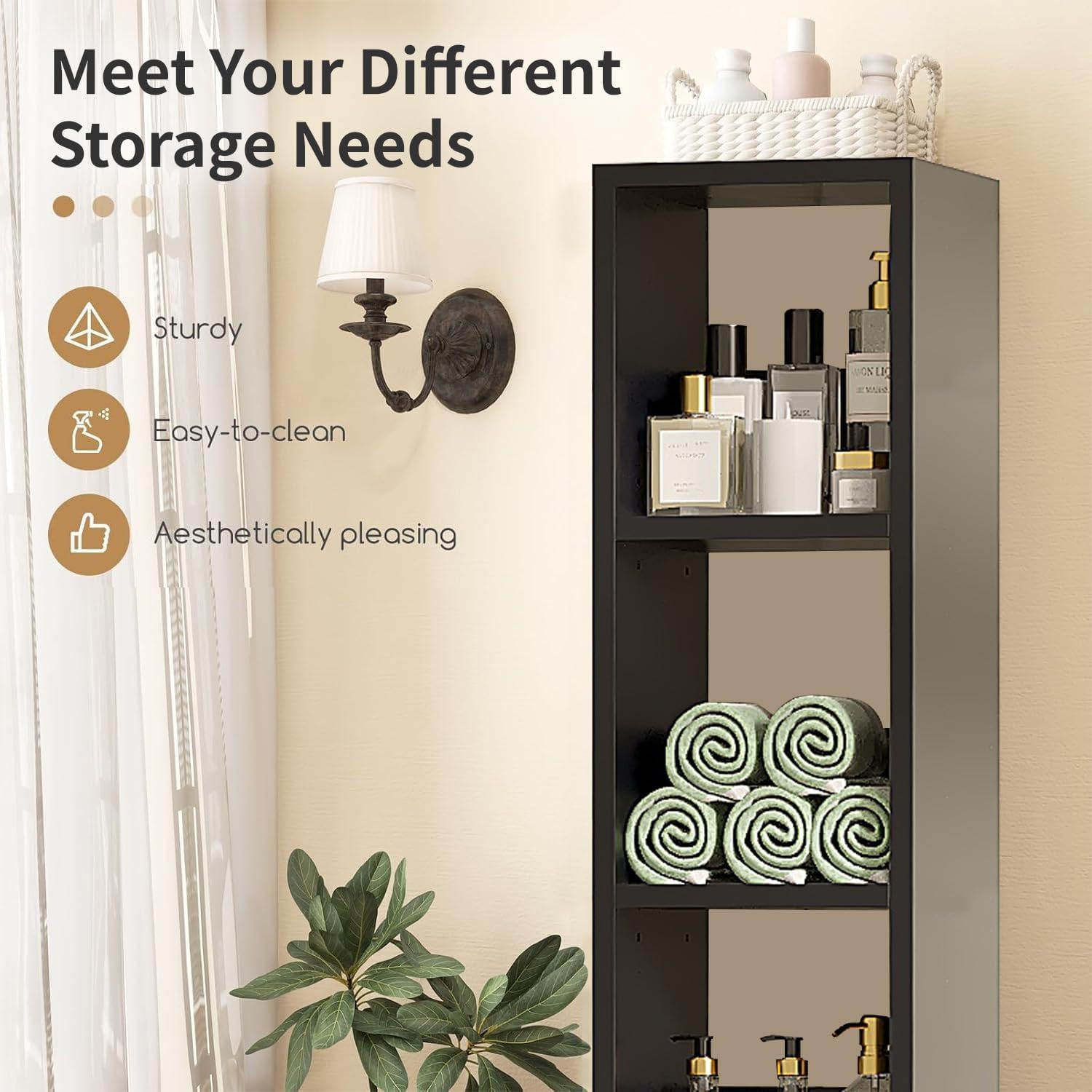 Slim Tall Bathroom Cabinet Black Adjustable Shelf Tissue Holder