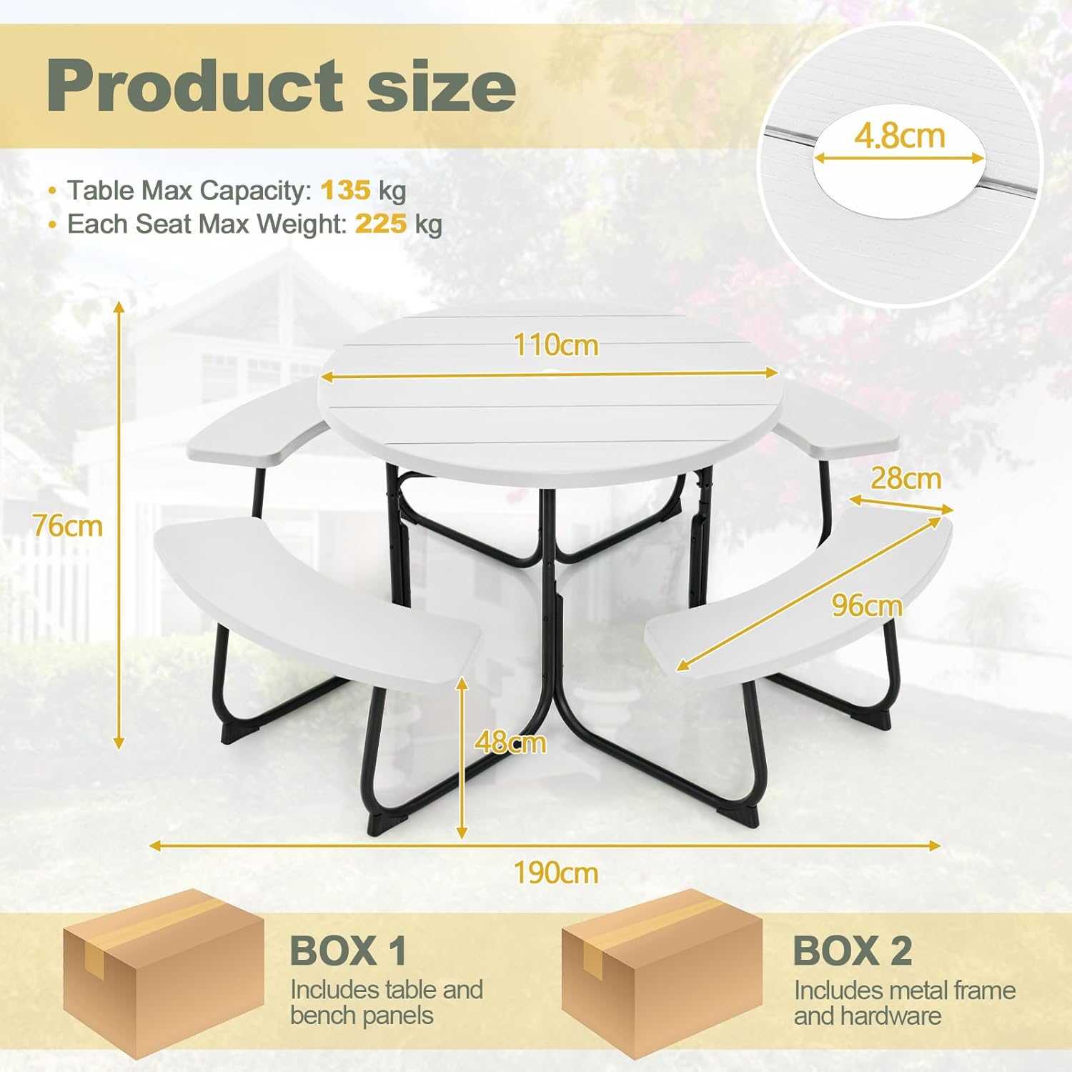 8 Seater Round Picnic Table Bench Set Outdoor Patio w/Parasol Hole