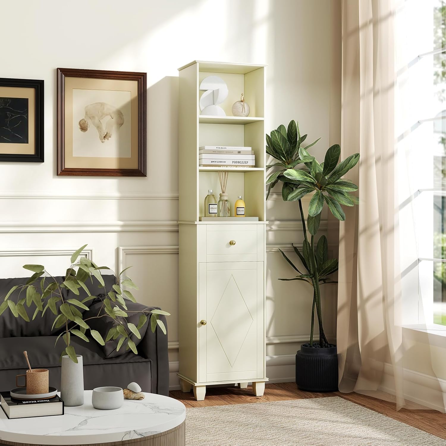 Tall Slim Storage Cabinet Beige Drawer Shelves Door Unit
