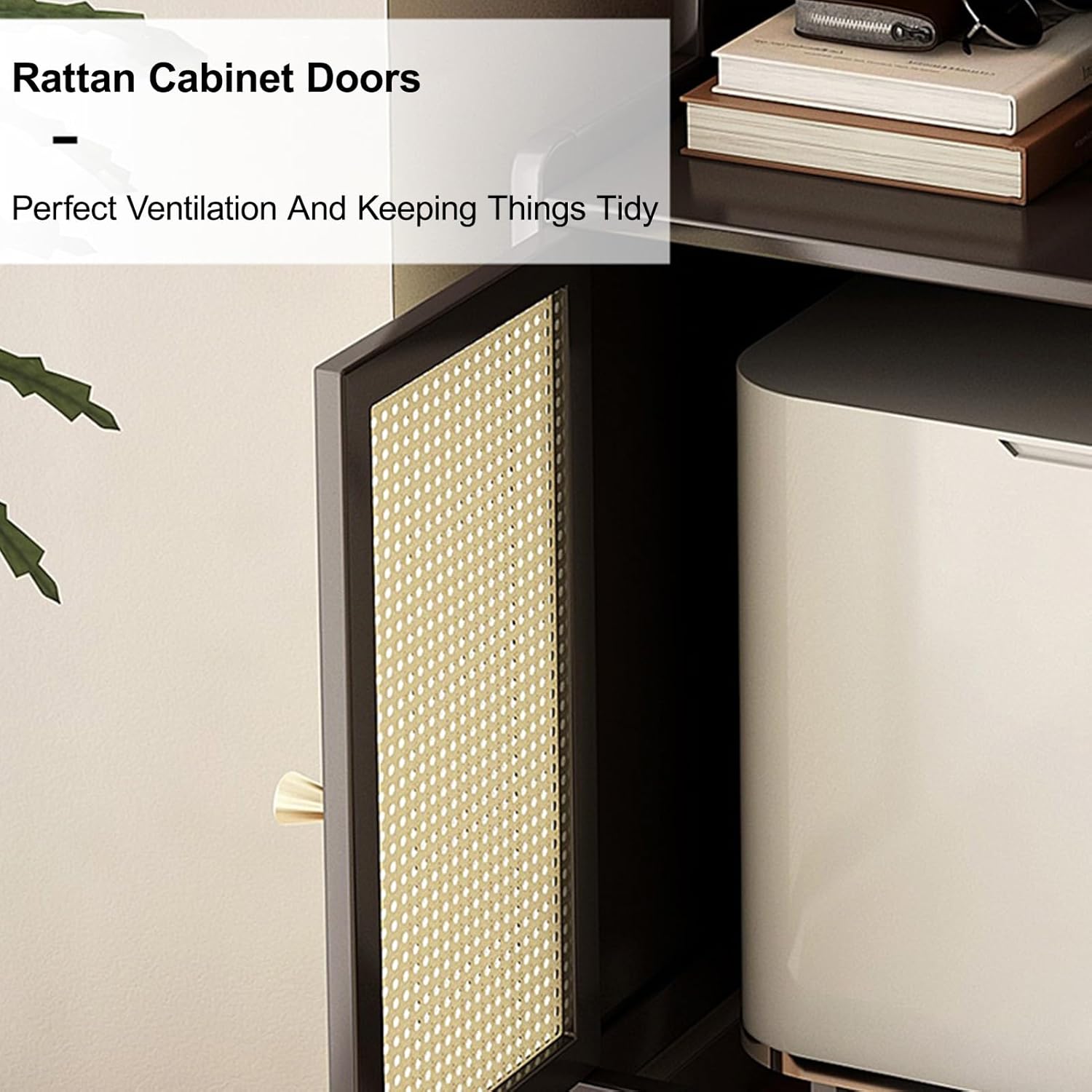 Hidden Robot Vacuum Cabinet Wood Side Table Storage Drawer Rattan Door