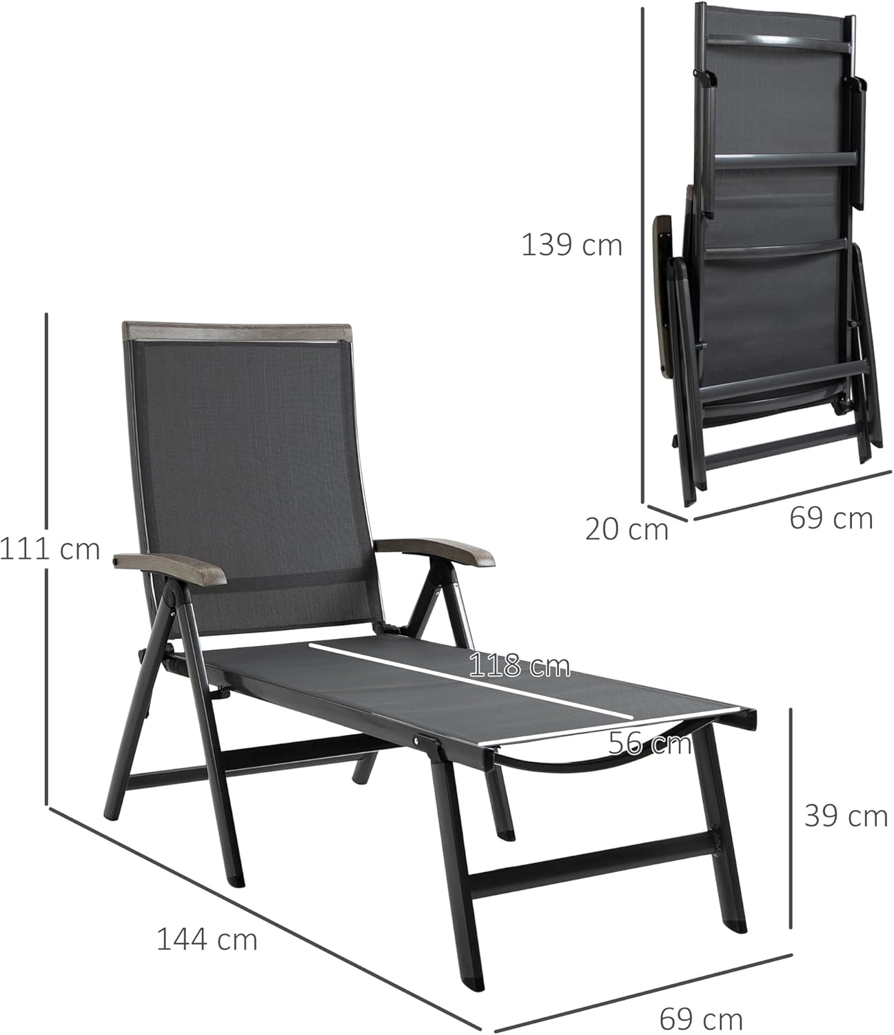 Folding Sun Lounger 5 Position Aluminium Recliner Grey