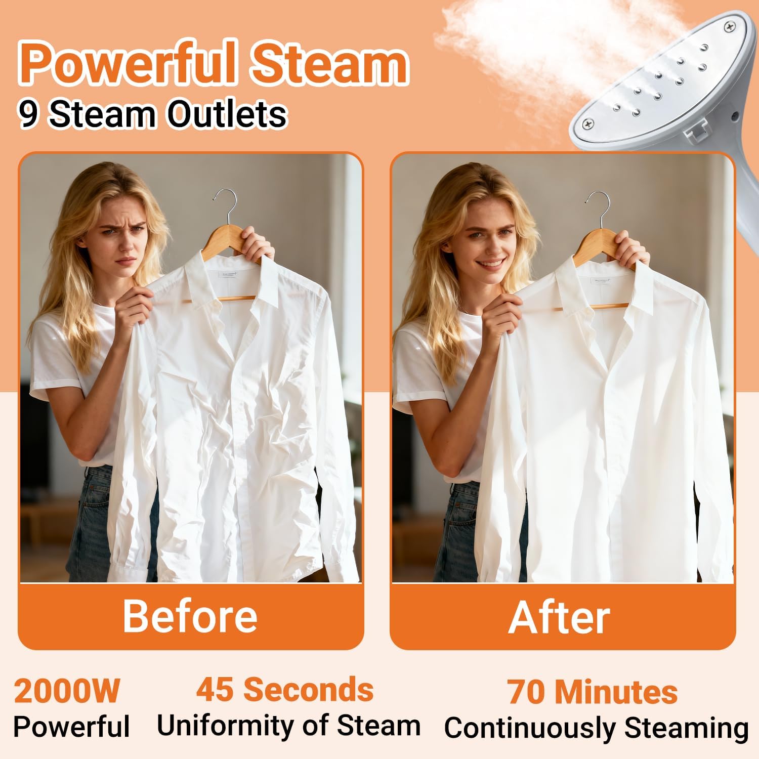 2000W Garment Steamer with Stand 2.5L Tank 70 Min Steam Power