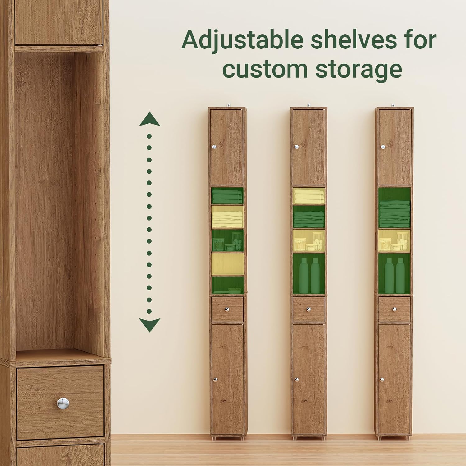 Slim Tall Bathroom Cabinet 20cm Dark Wood Drawer 180cm