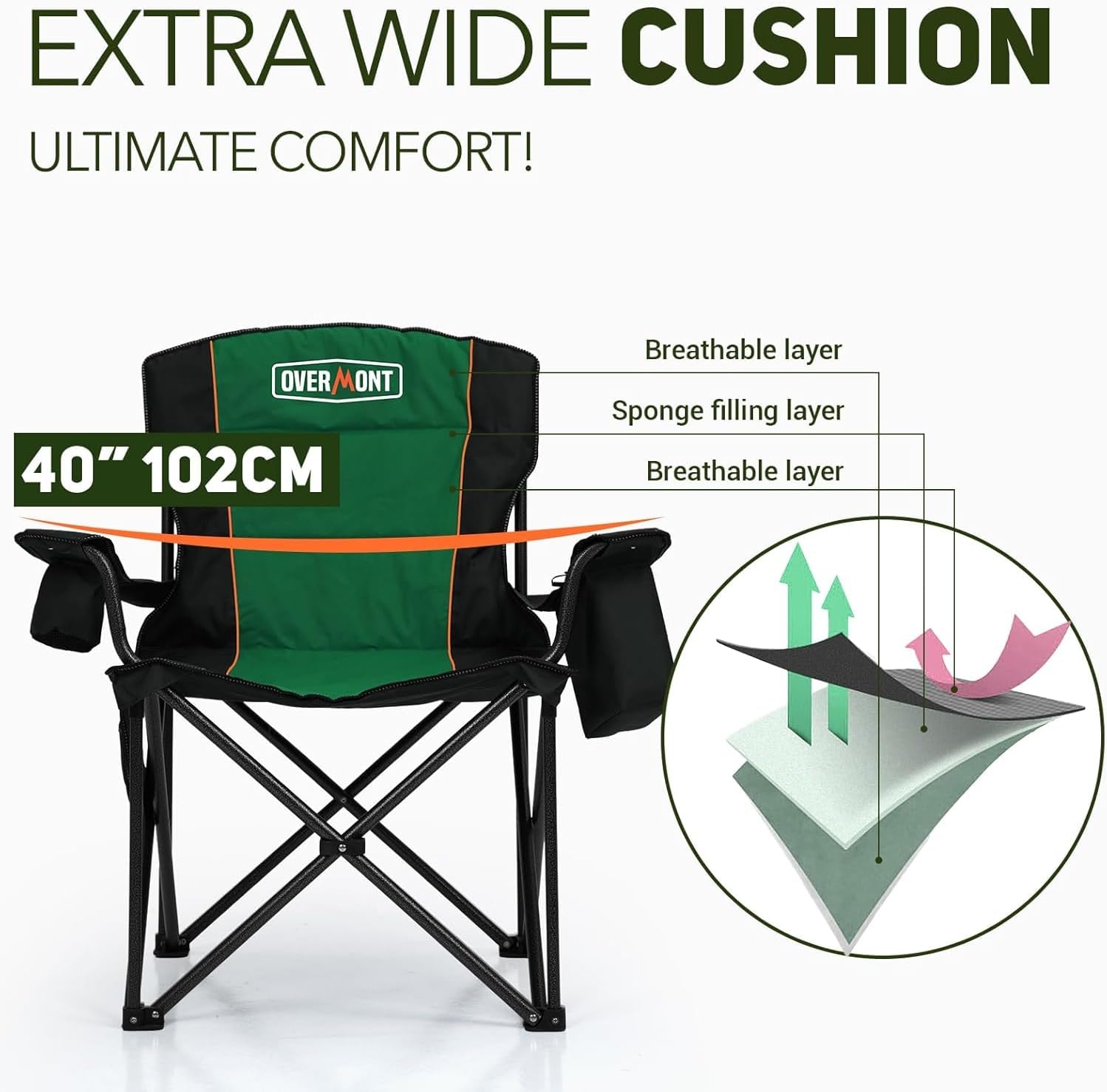 Oversized Camping Chair 450lb Cooler Bag High Back Green