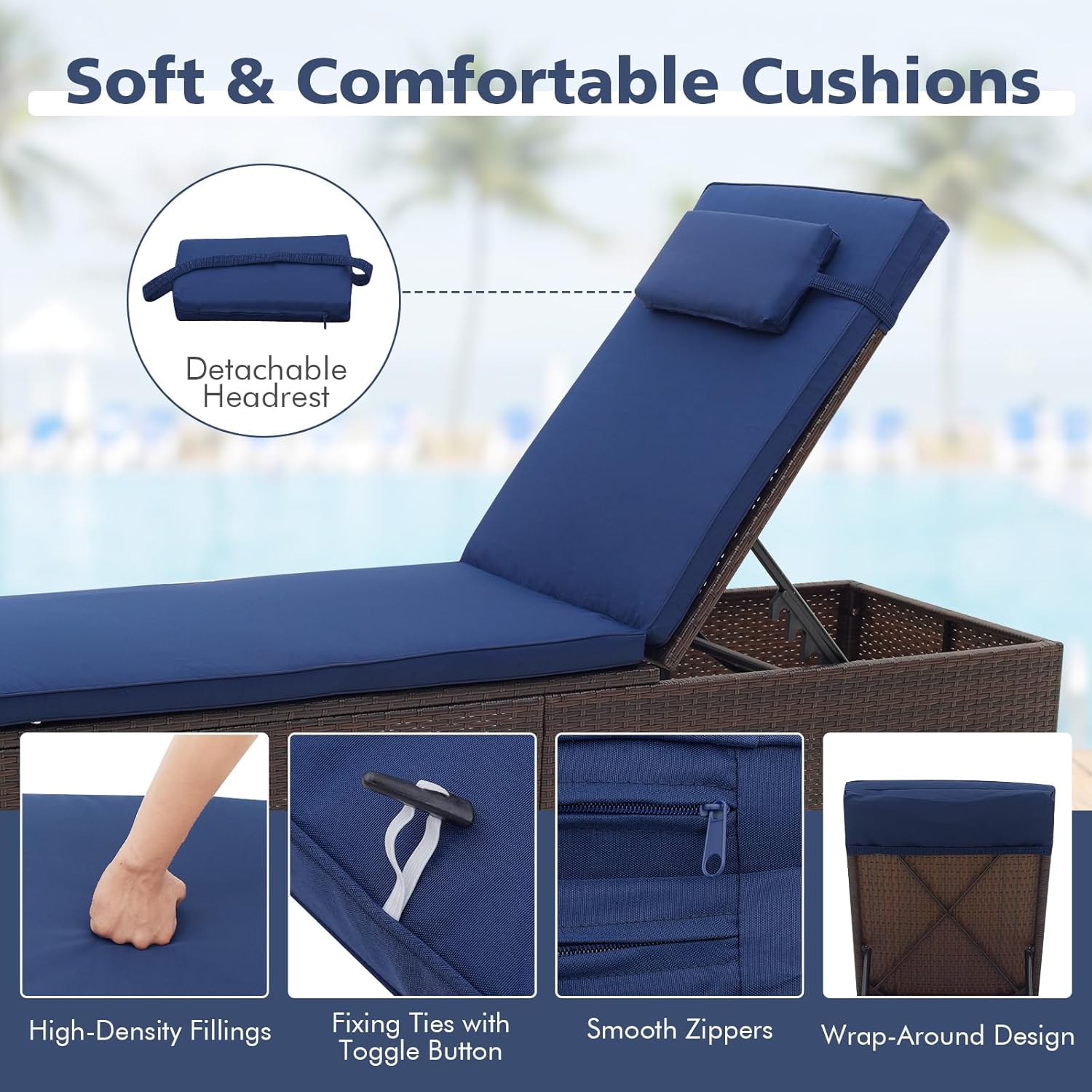 Rattan Sun Lounger Adjustable Garden Chaise with Cushion Table Navy