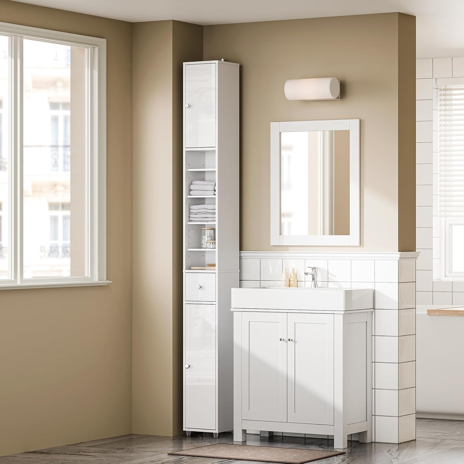 Slim Tall Bathroom Cabinet High Gloss White Drawer 180cm