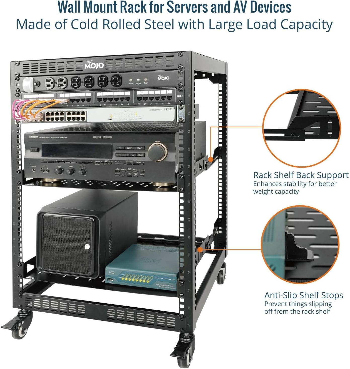 16U Mobile Open Frame Server Rack 4 Post with Shelves
