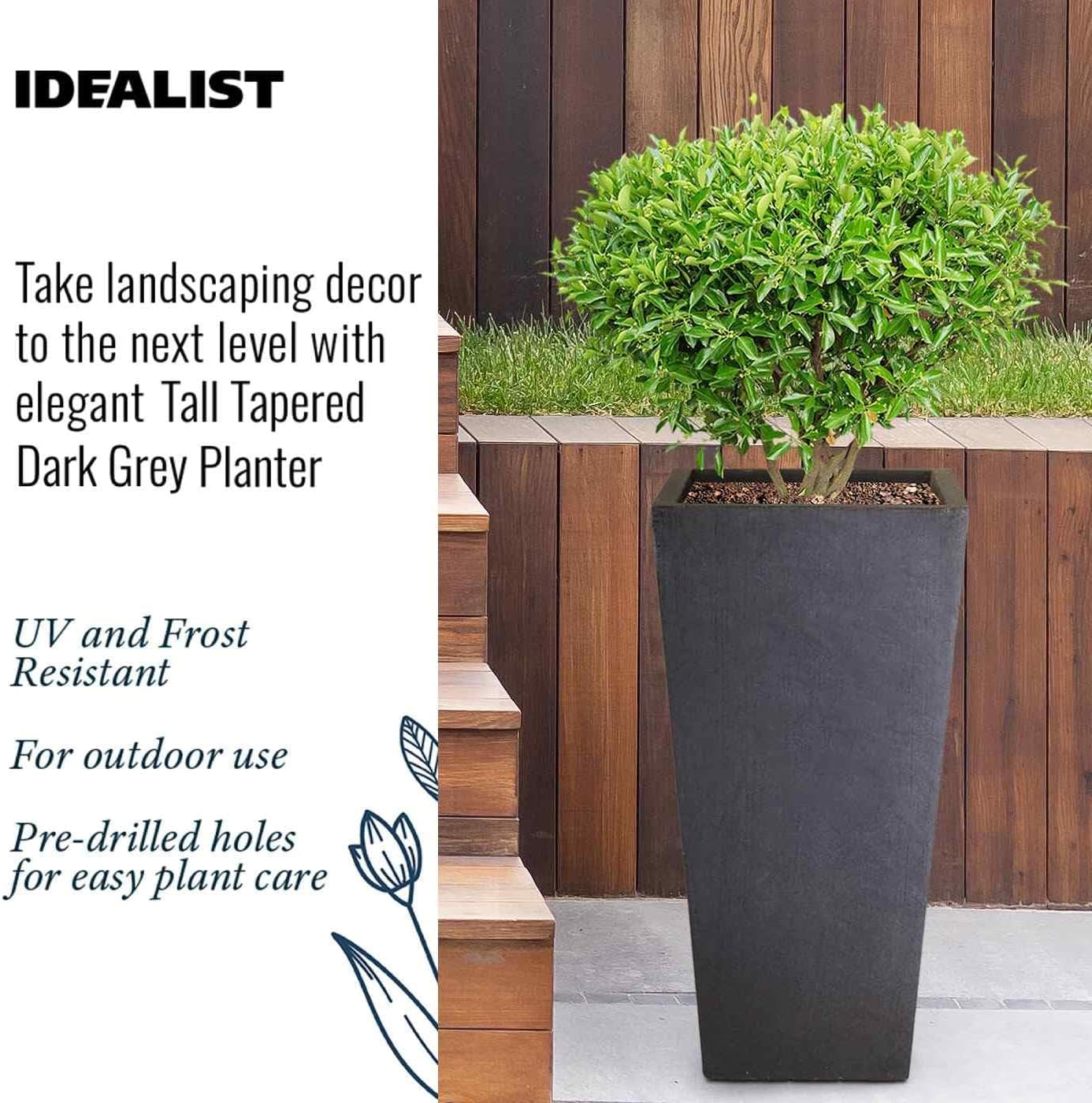 50.5cm Tall Planters Set 2 Dark Grey Stone Effect Square Pots