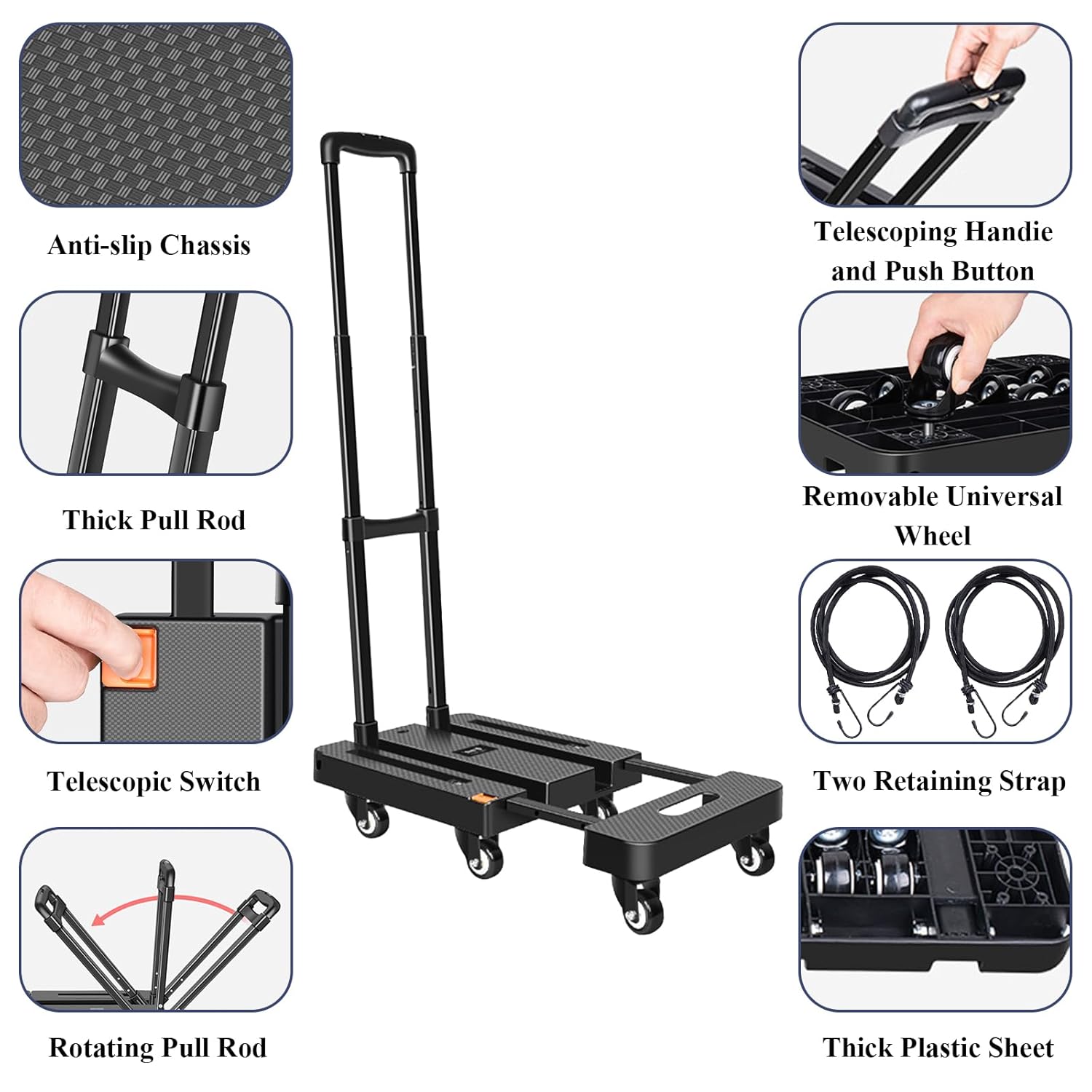 Folding Hand Truck 200KG 6 Wheel Utility Cart Black