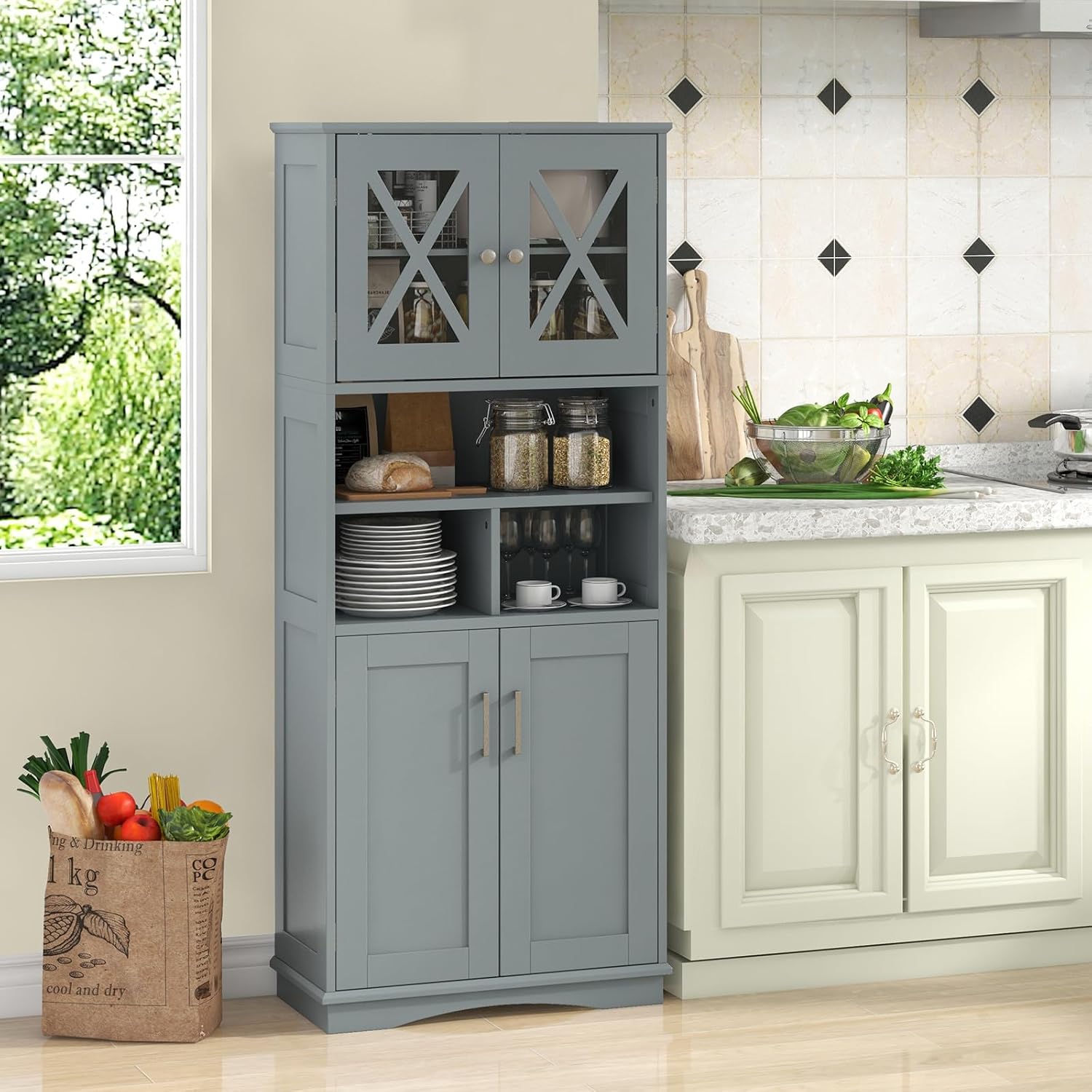 Grey Tallboy Bathroom Cabinet 4 Door Shelf Storage Unit