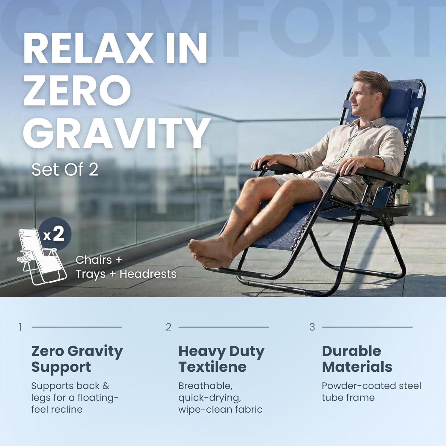 Zero Gravity Chairs Set of 2 Navy Reclining Sun Loungers