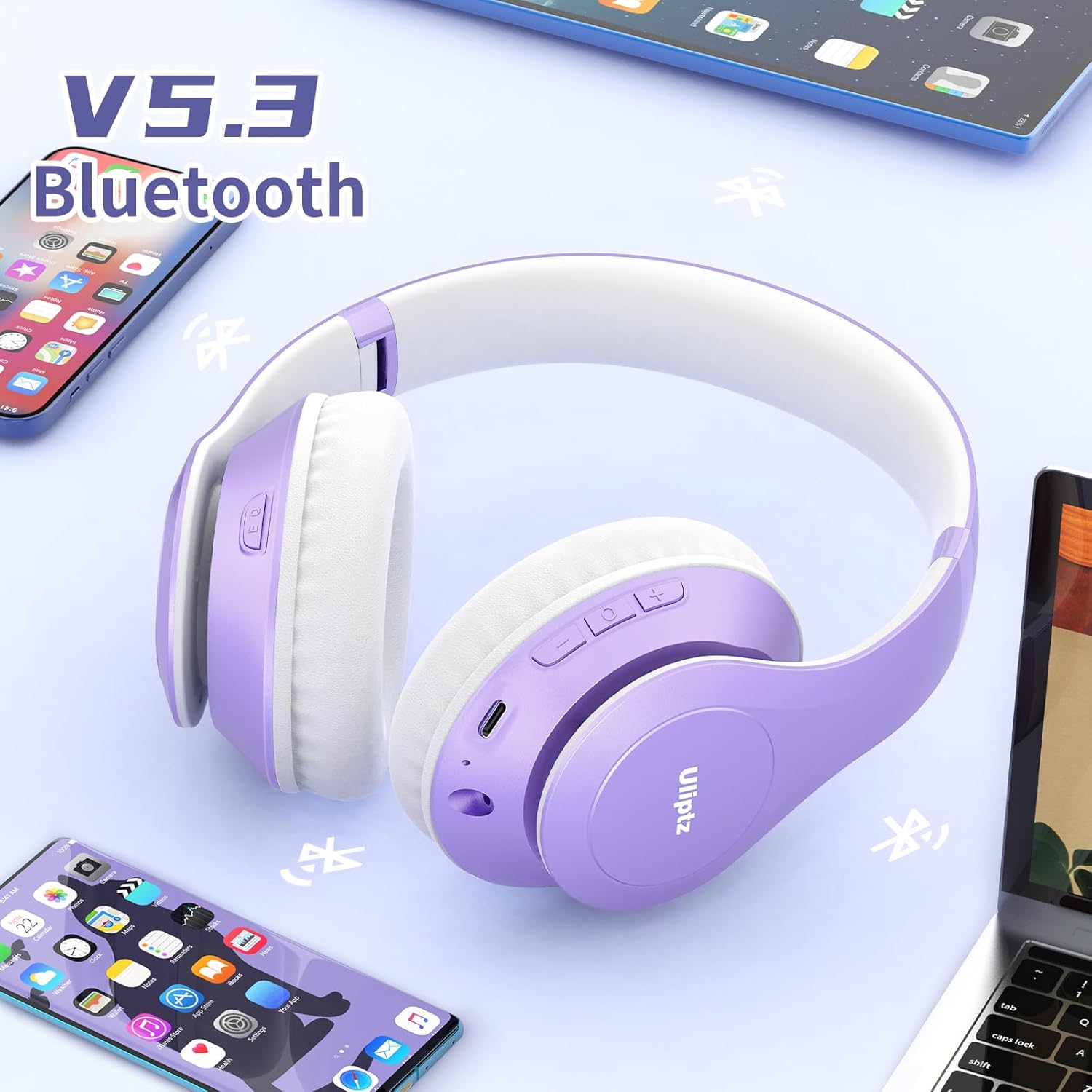 Wireless Bluetooth Over Ear Headphones 65Hr Battery 6 EQ Modes Purple