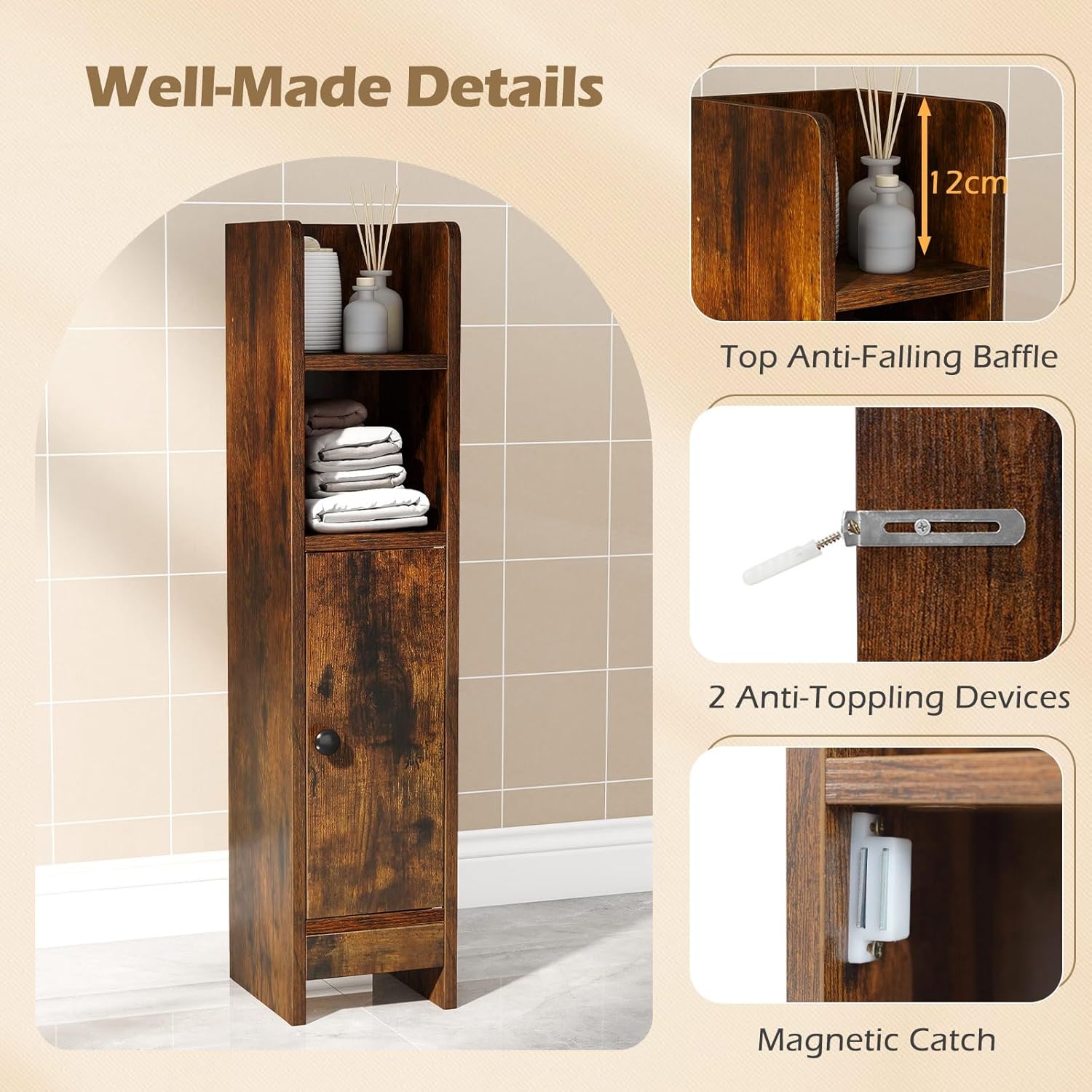 Slim Bathroom Floor Cabinet Toilet Paper Storage Rustic Brown