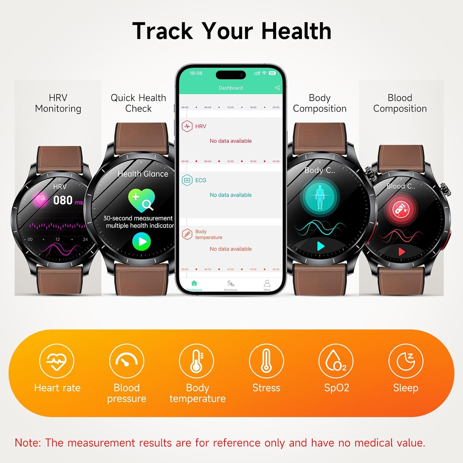 ECG Health Smart Watch BP HRV BMI 120 Sports