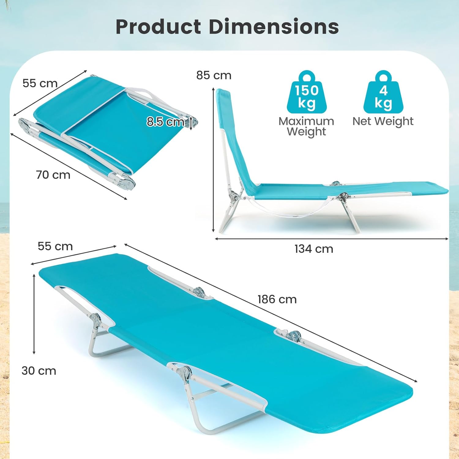 2 Folding Sun Loungers 5 Position Reclining Beach Chairs Blue