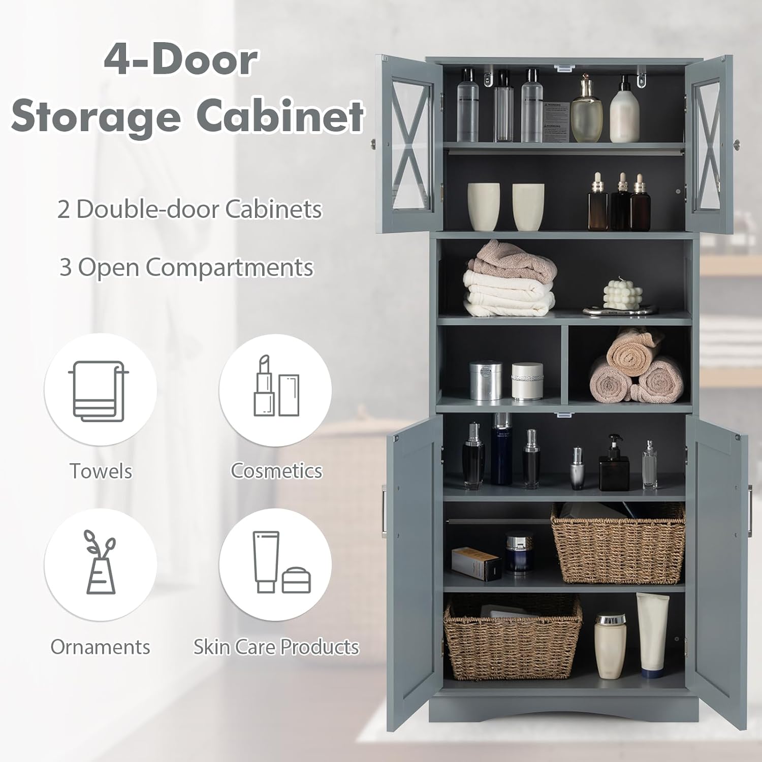 Tall Storage Cabinet Grey Adjustable Shelf Door Unit