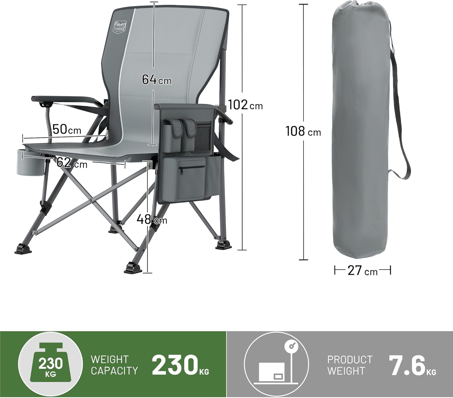 Heavy Duty Camping Chair with Lumbar Support Cooler Pocket Grey