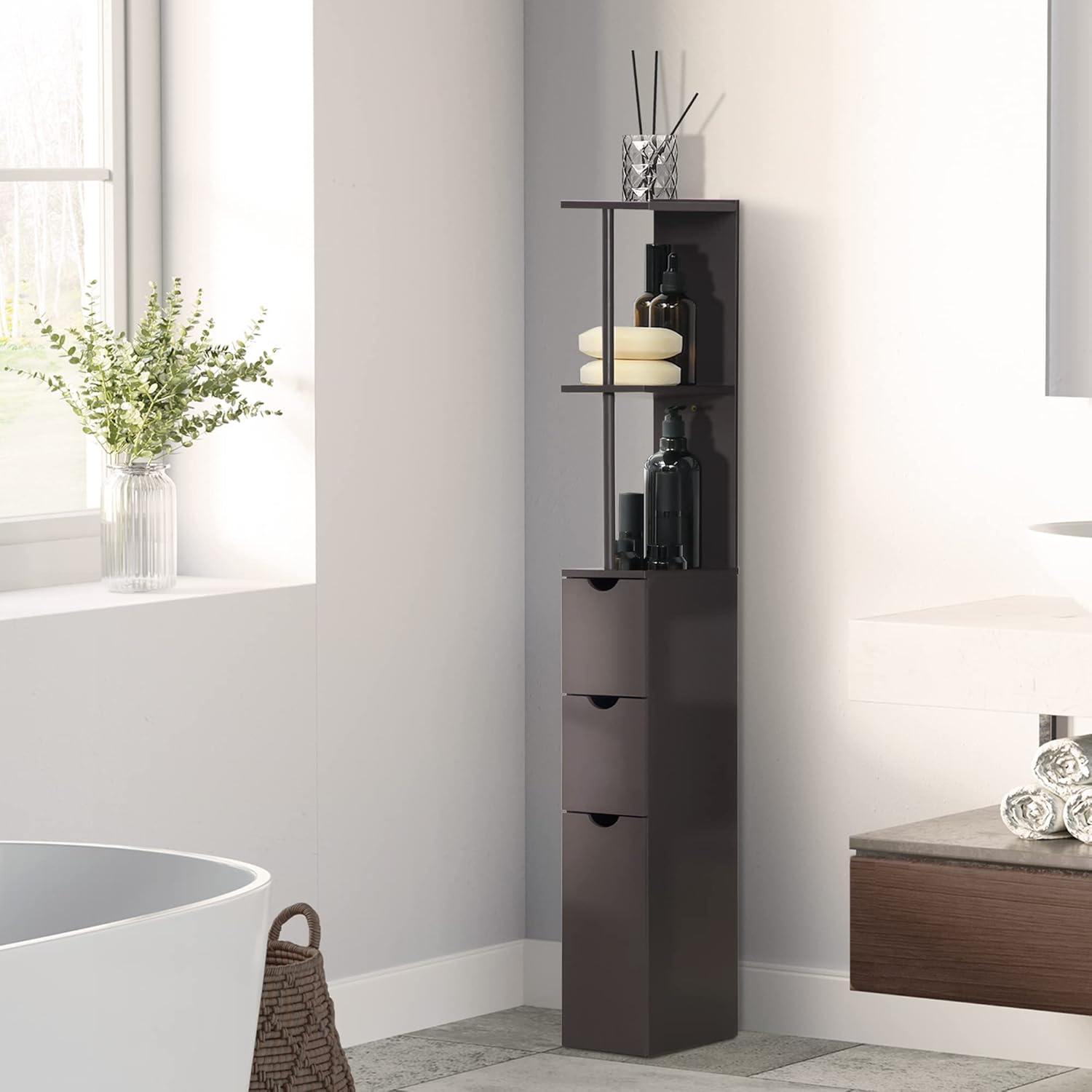 Slim Tall Bathroom Storage Cabinet 2 Drawers Shelves Brown