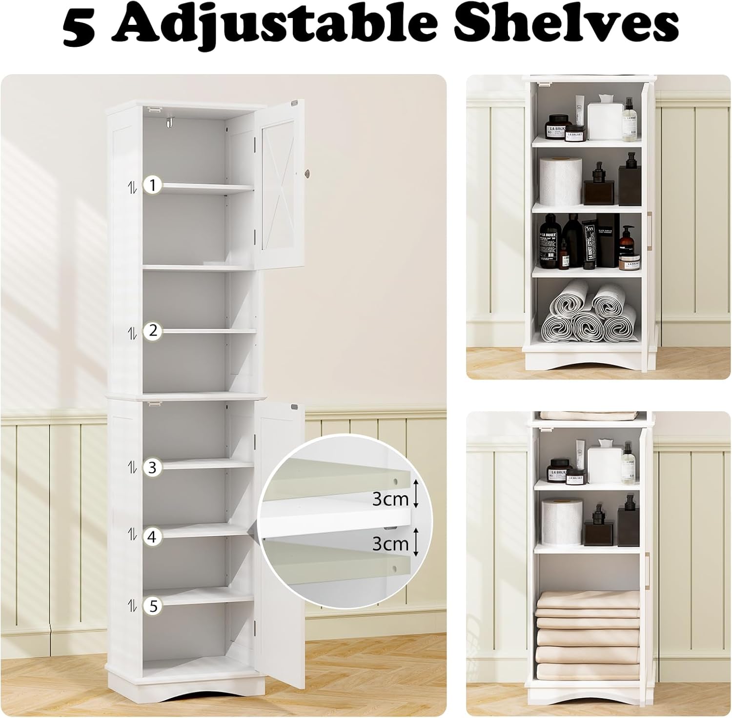 Tall Bathroom Storage Cabinet 2 Door Shelf Unit White