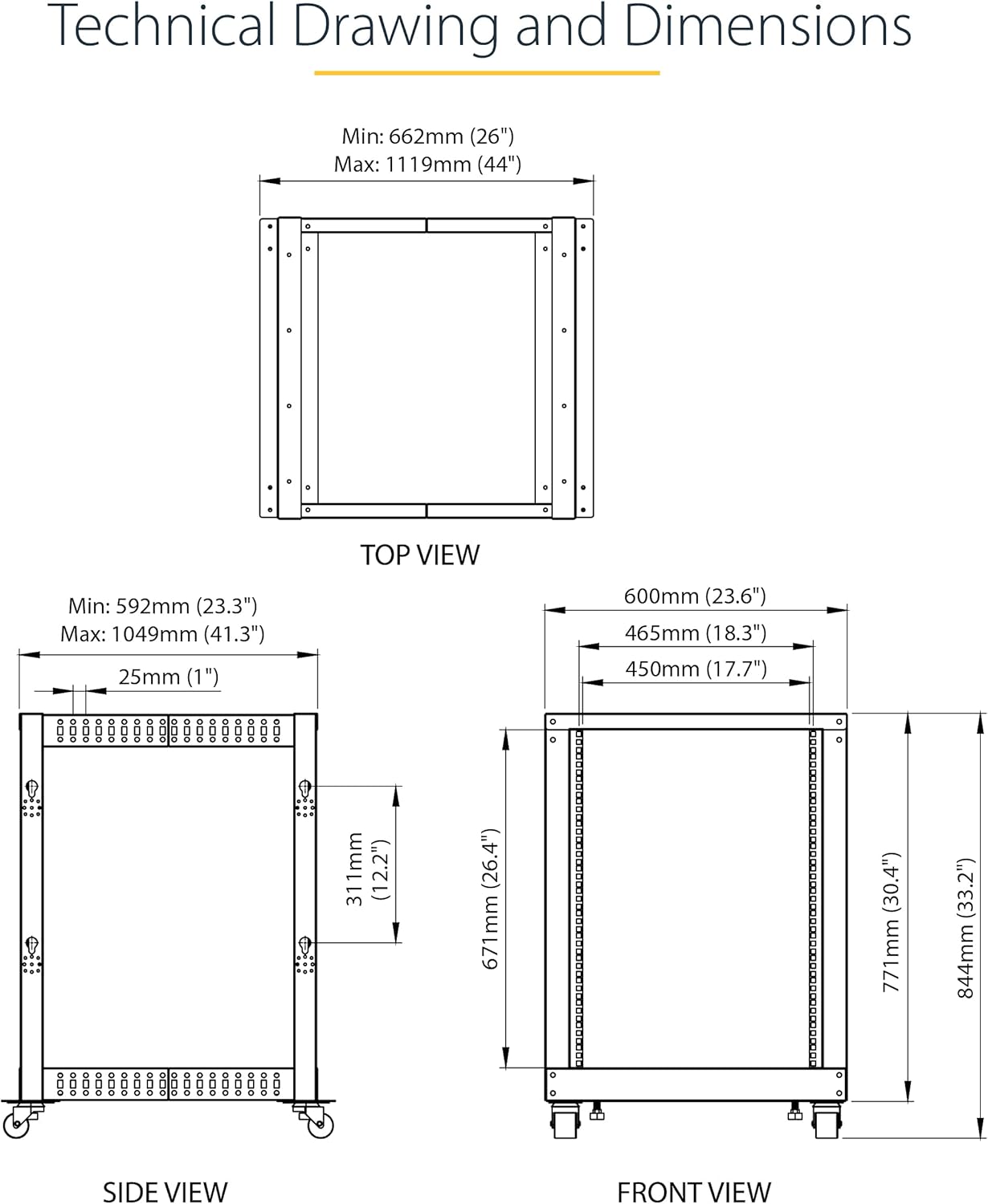 15U 4 Post Mobile Open Frame Server Rack with Wheels