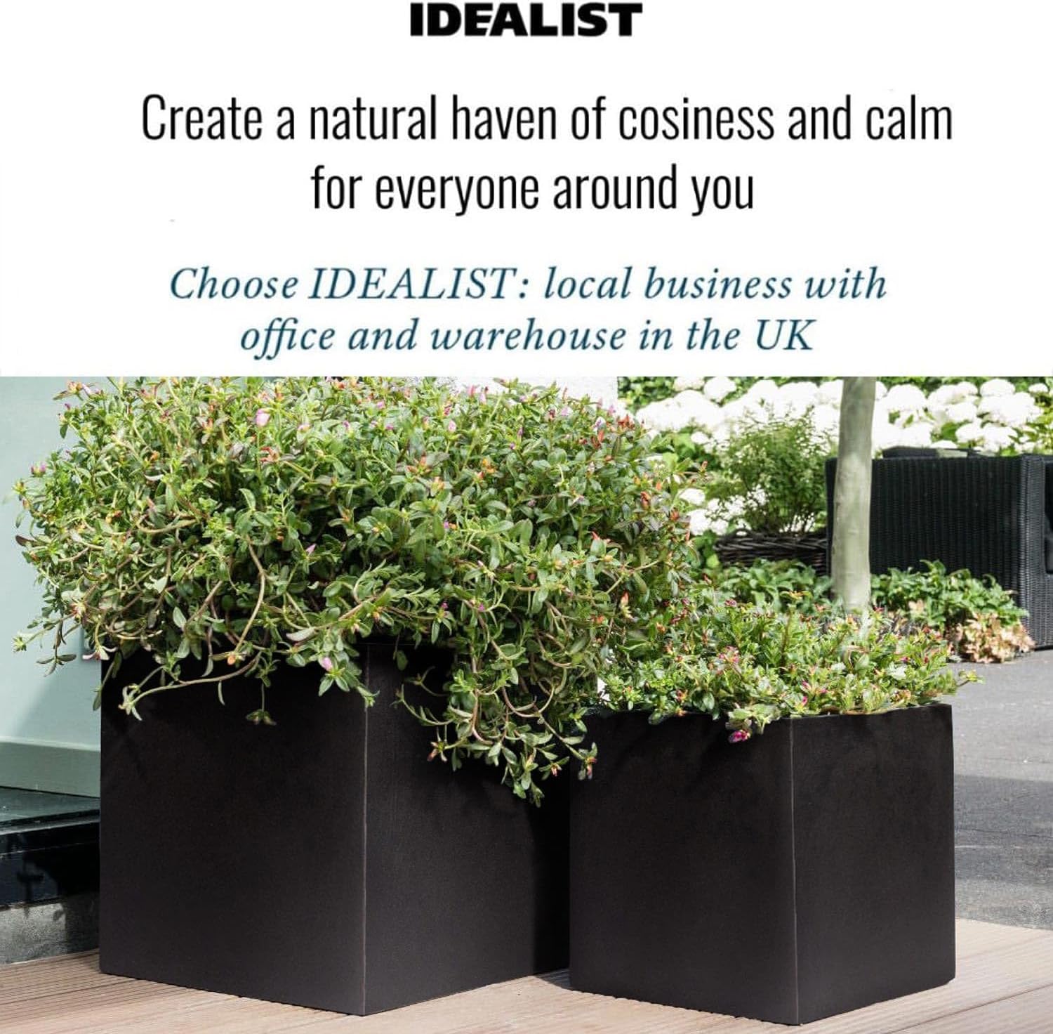 Set of 2 Large Square Planters 50cm Black Stone Effect Pots