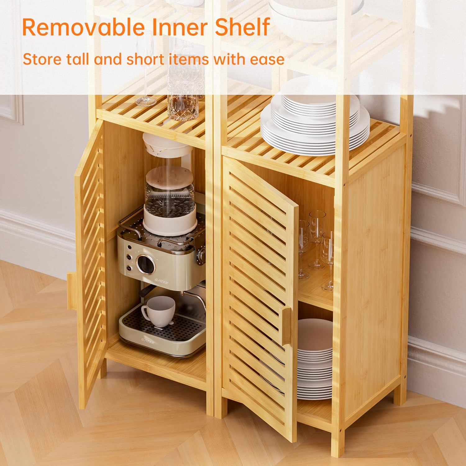 Bamboo Tall Storage Cabinet Natural Shelf Door Unit