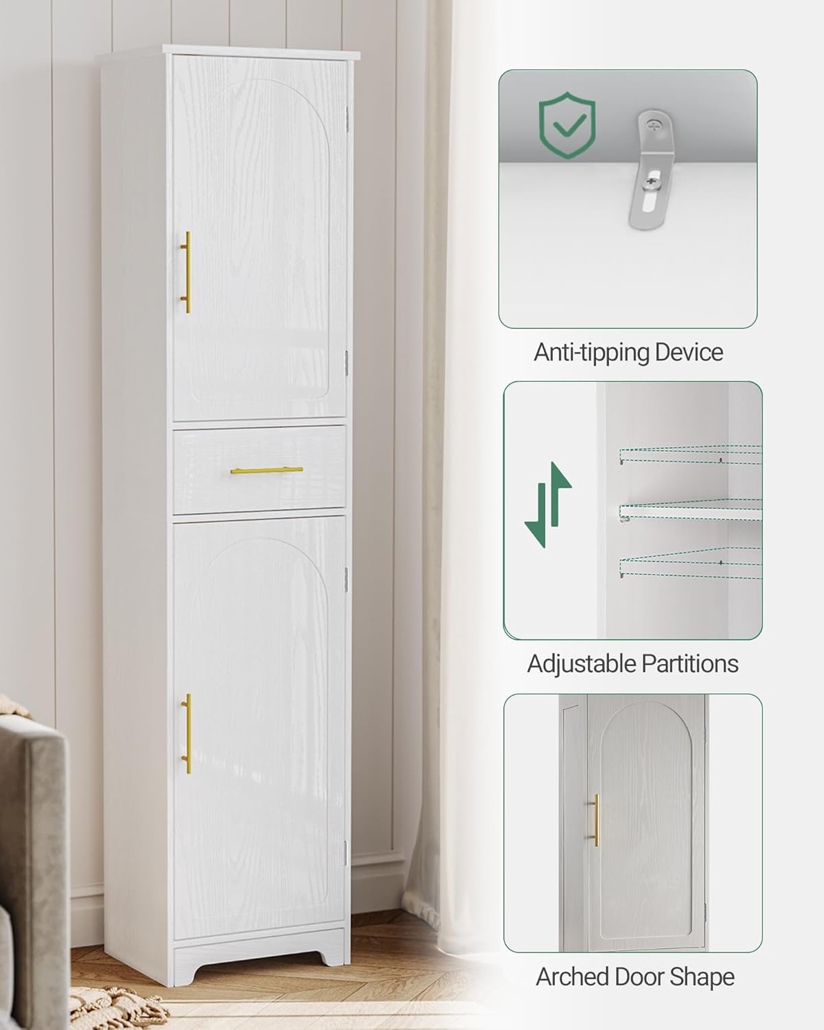 Tall Slim Storage Cabinet White Drawer Doors Shelf Unit