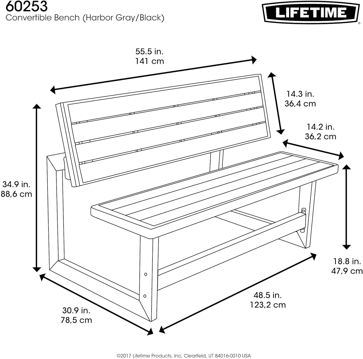 Convertible Bench to Table Outdoor Picnic Seat Weather Resistant Gray