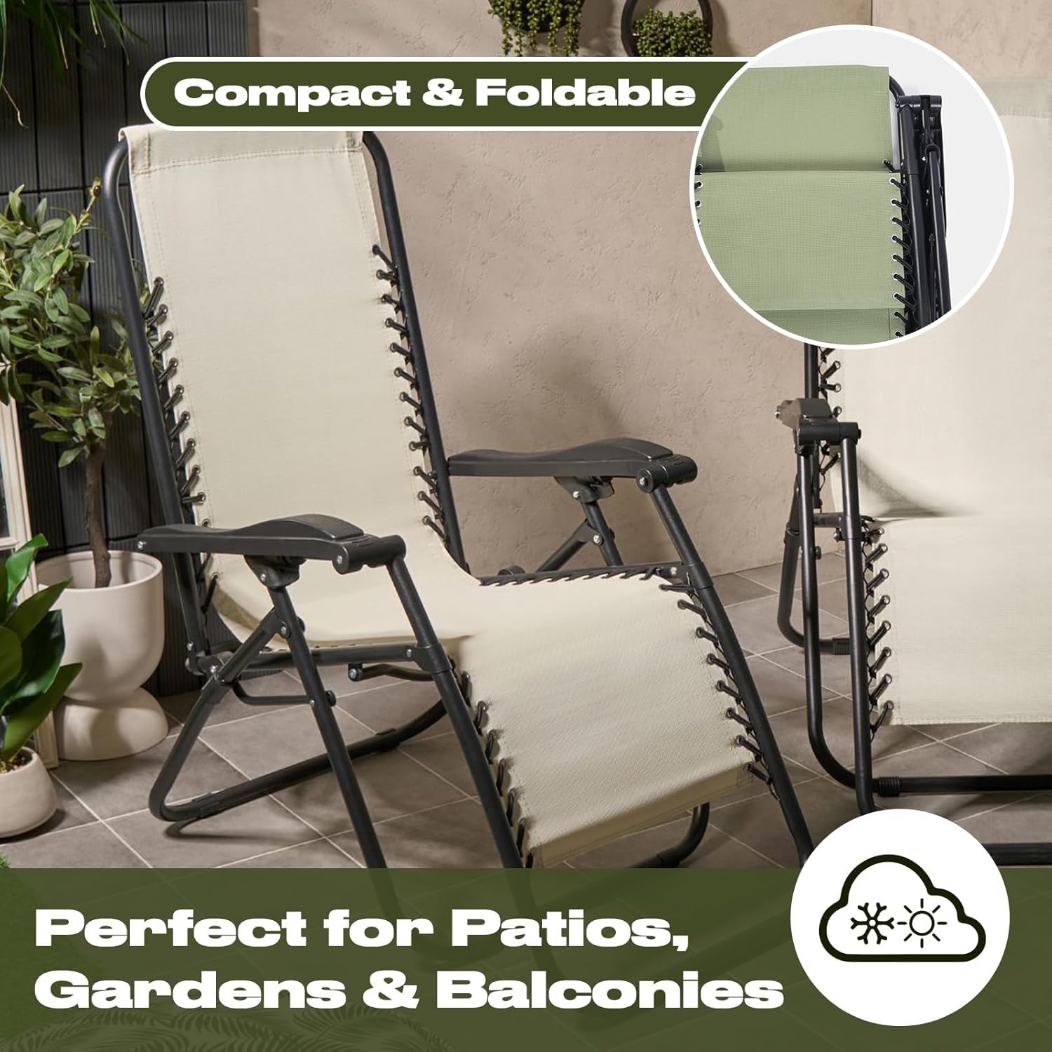 2 Zero Gravity Sun Lounger Reclining Chairs Cream