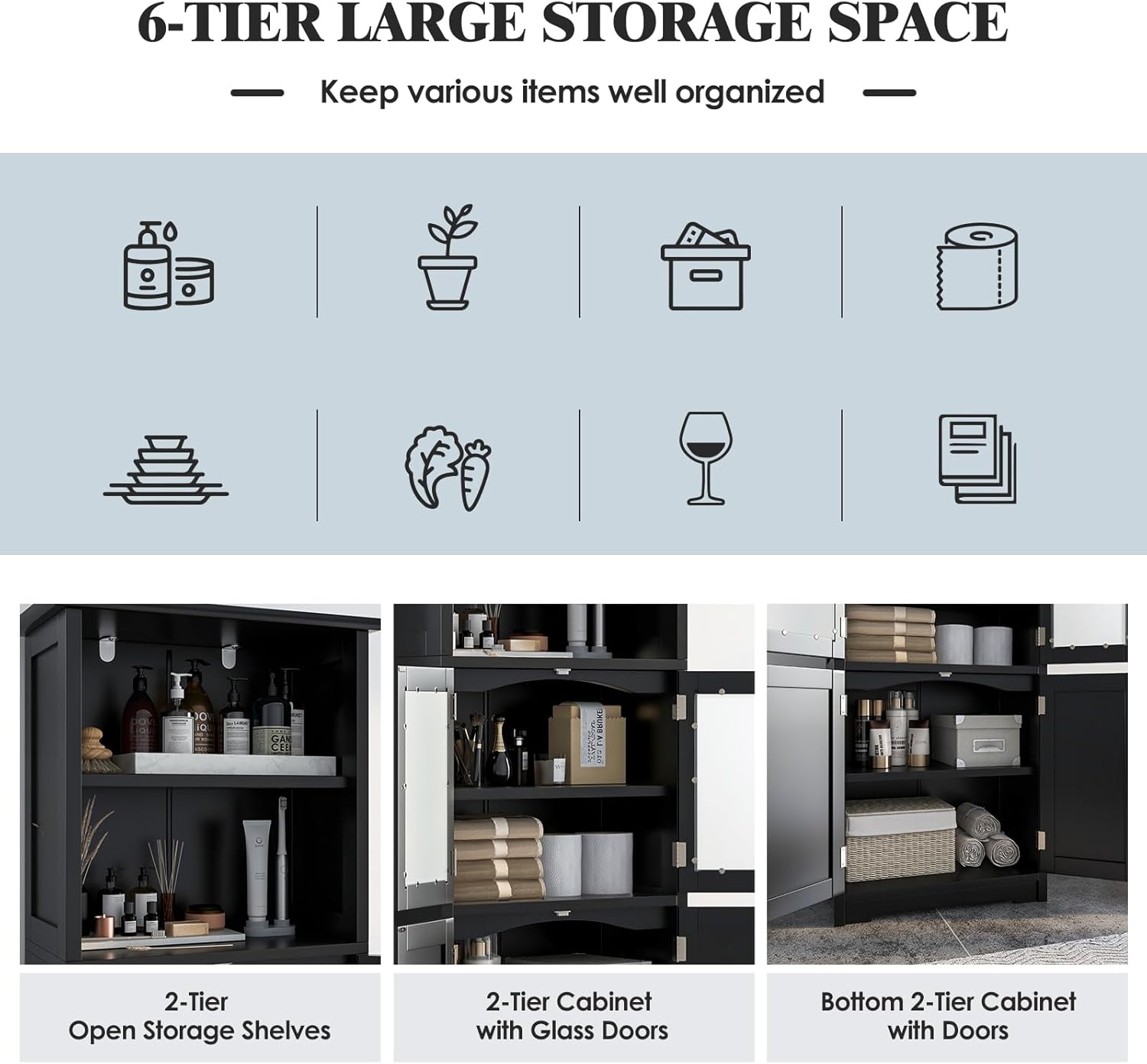 Tall Storage Cabinet Glass Door 6 Tier Shelf Unit Black