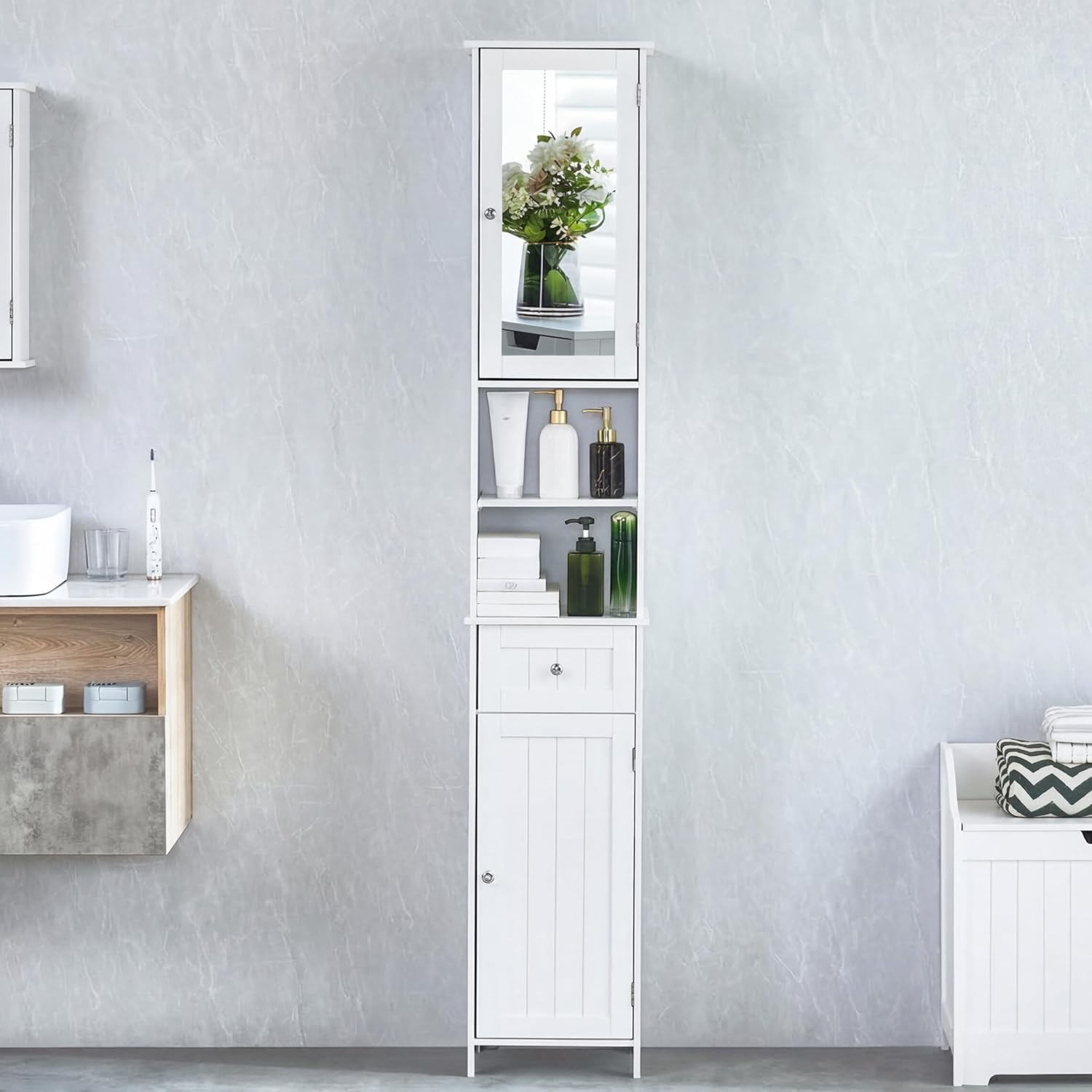 Tall Mirrored Bathroom Cabinet Drawer Shelf White Tallboy 190cm