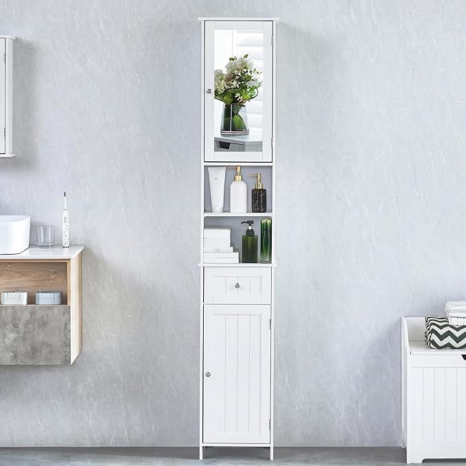 Tall Mirrored Bathroom Cabinet White Drawer Storage Unit