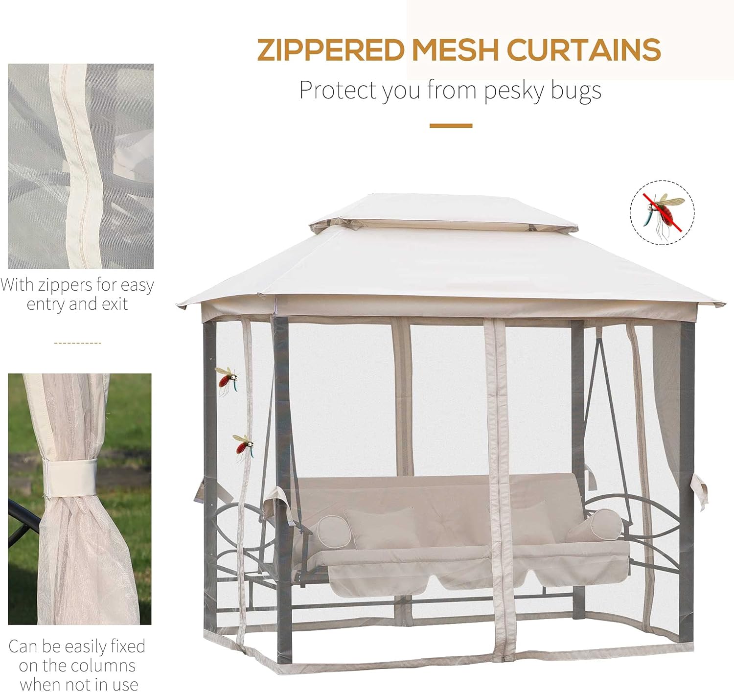 3 Seater Swing Bed Gazebo Chair Cream White