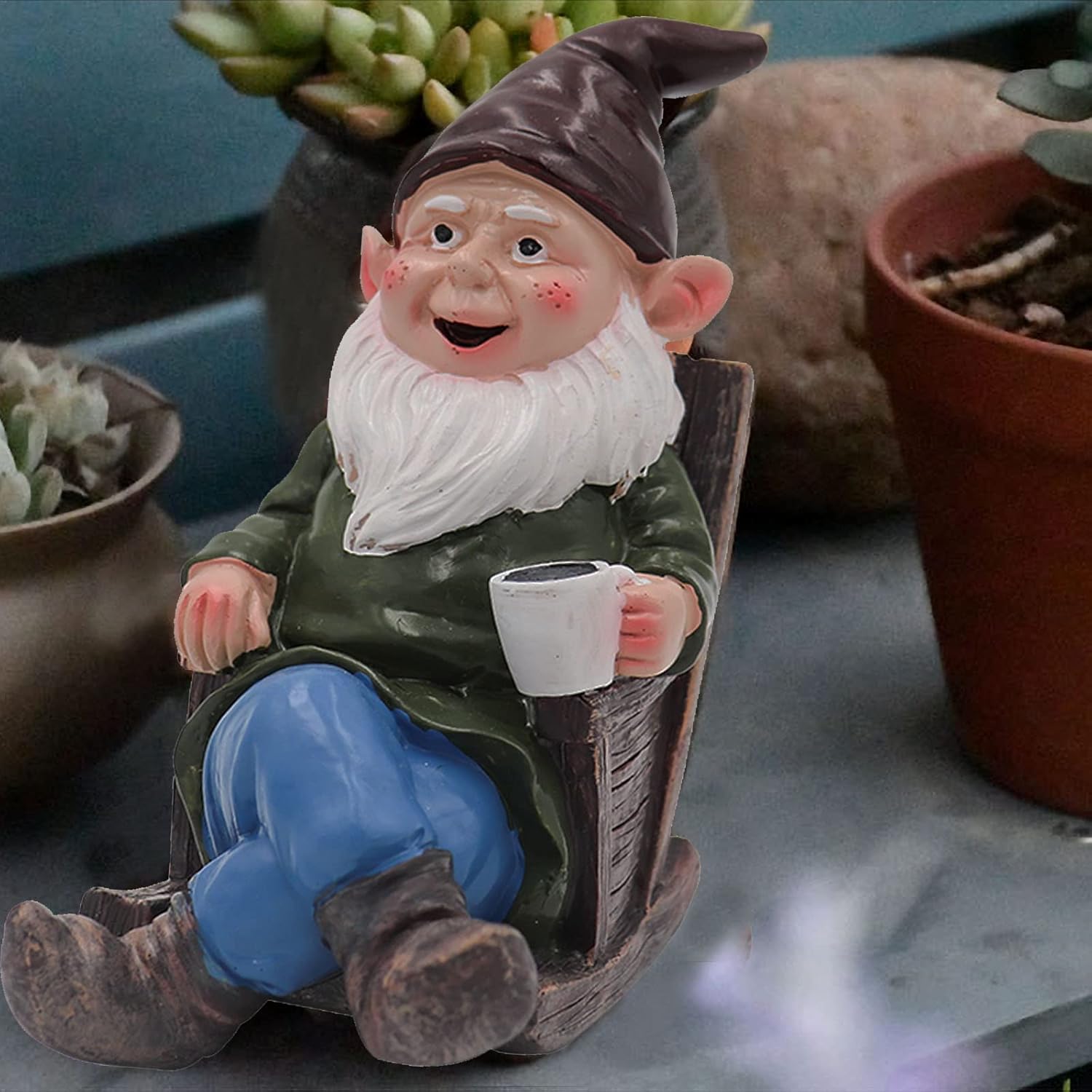 Garden Gnome Statue Drinking Coffee Resin Outdoor Decor Figurine