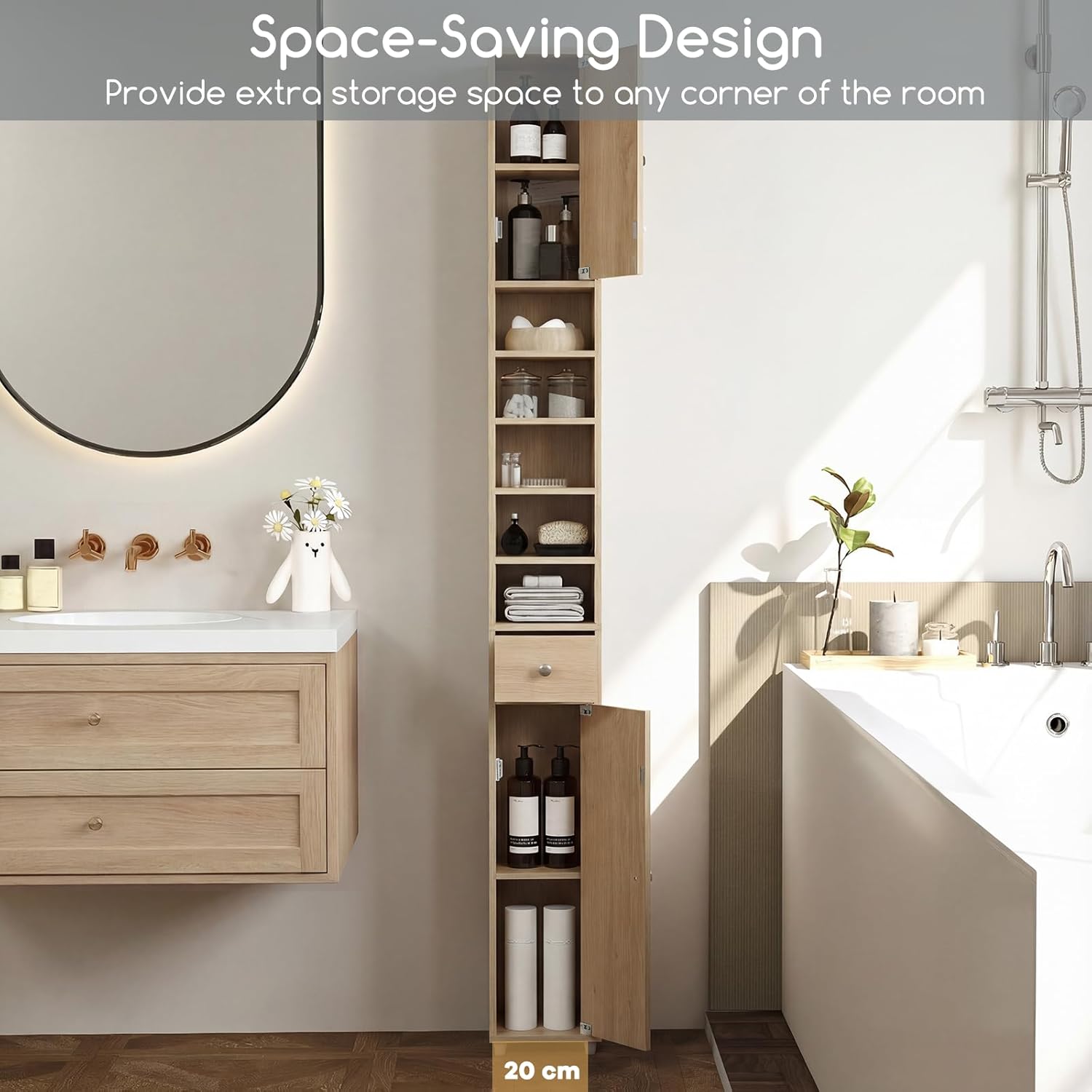 Tall Slim Bathroom Storage Cabinet Drawer Shelves Natural Wood