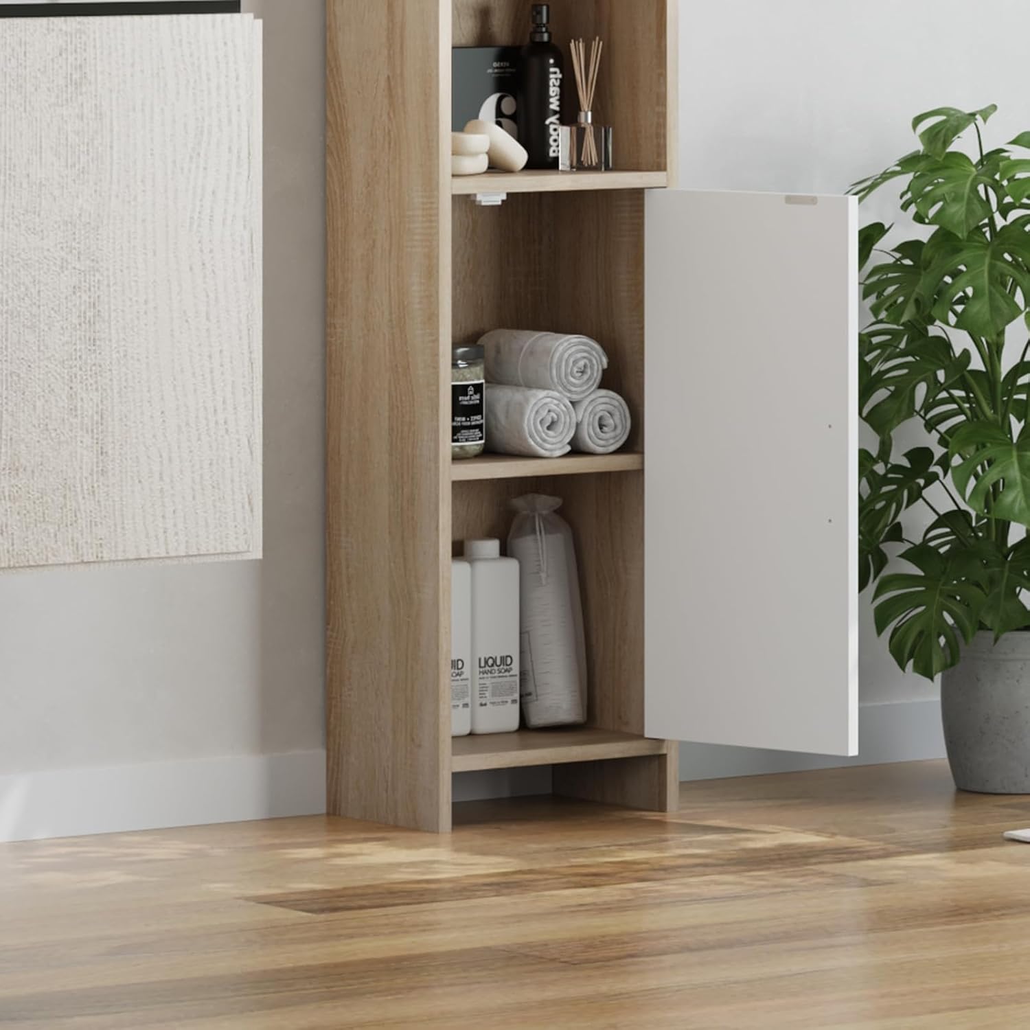 Tall Slim Storage Cabinet White Walnut Shelves Door Unit