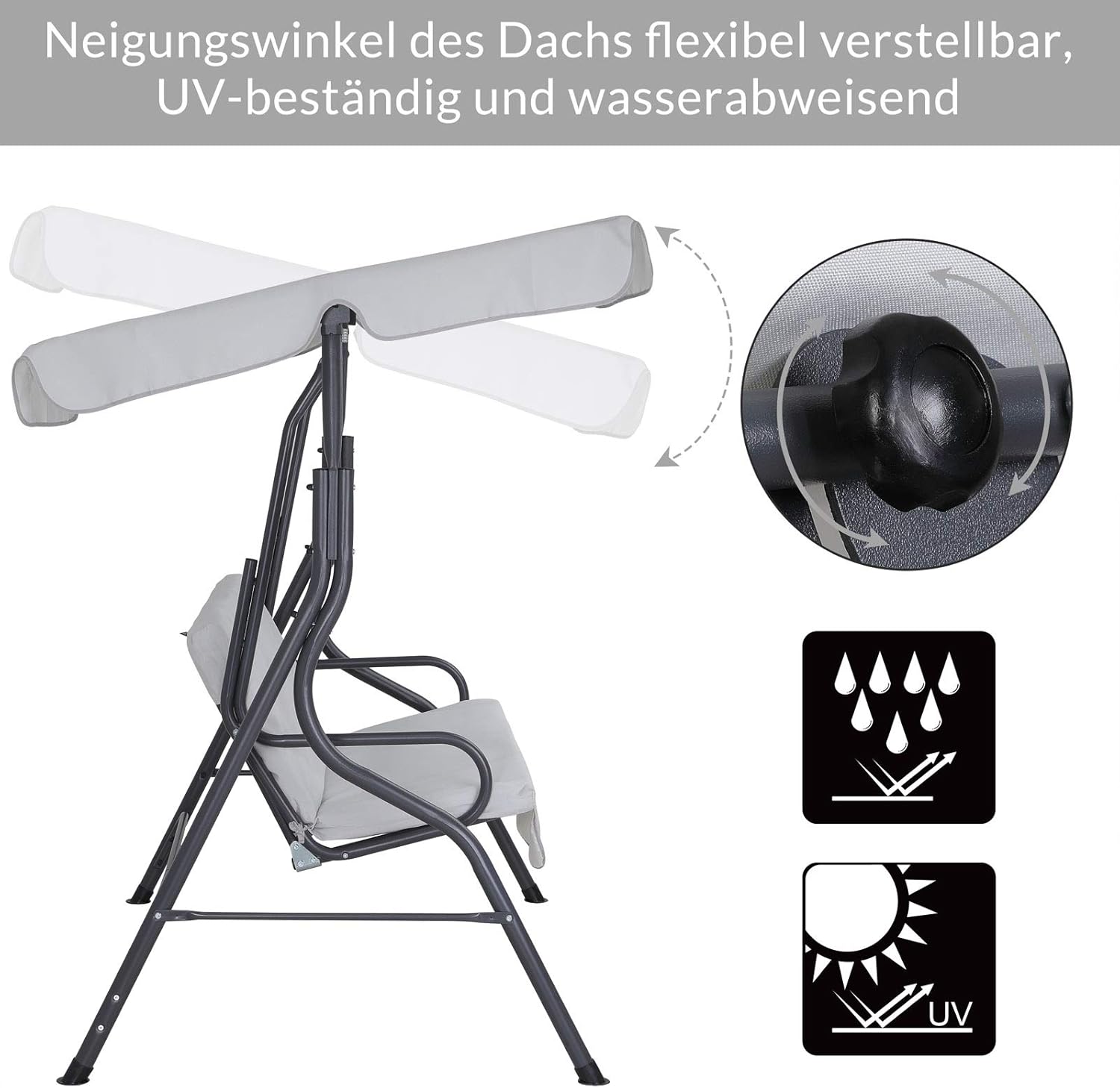 2 Seater Canopy Swing Chair Light Grey Garden Bench