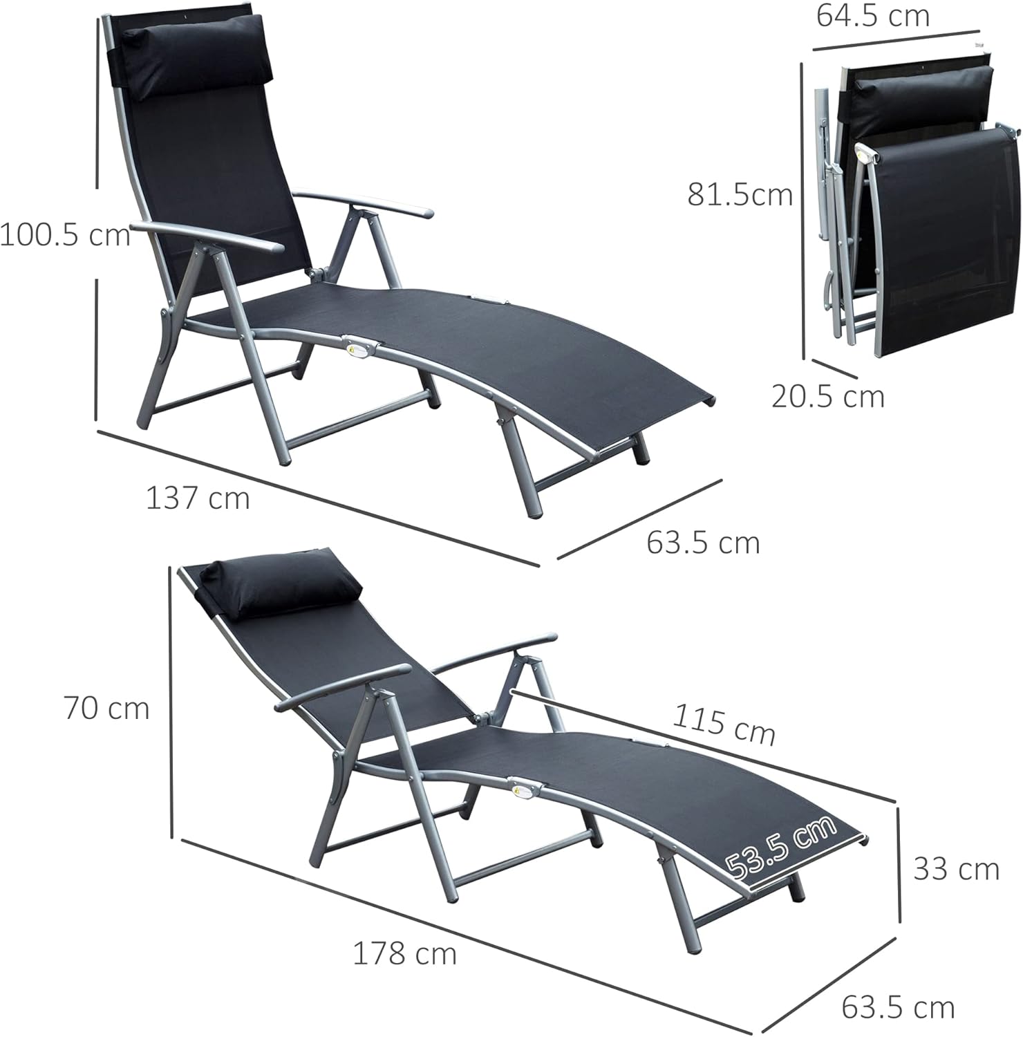 Heavy Duty Folding Sun Lounger 7 Level Recliner Black