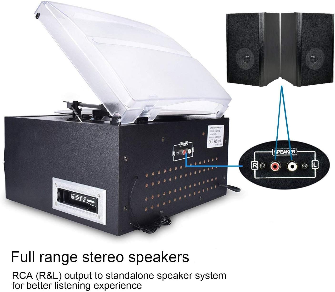 Retro Bluetooth Turntable with CD, Cassette, AM/FM, USB & Stereo Speakers