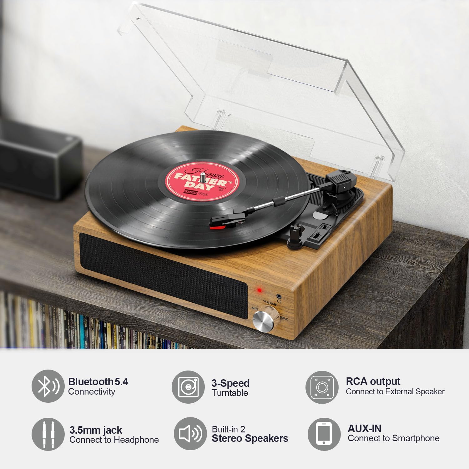 3-Speed Vinyl Turntable with Bluetooth, Built-in Speakers & RCA Output