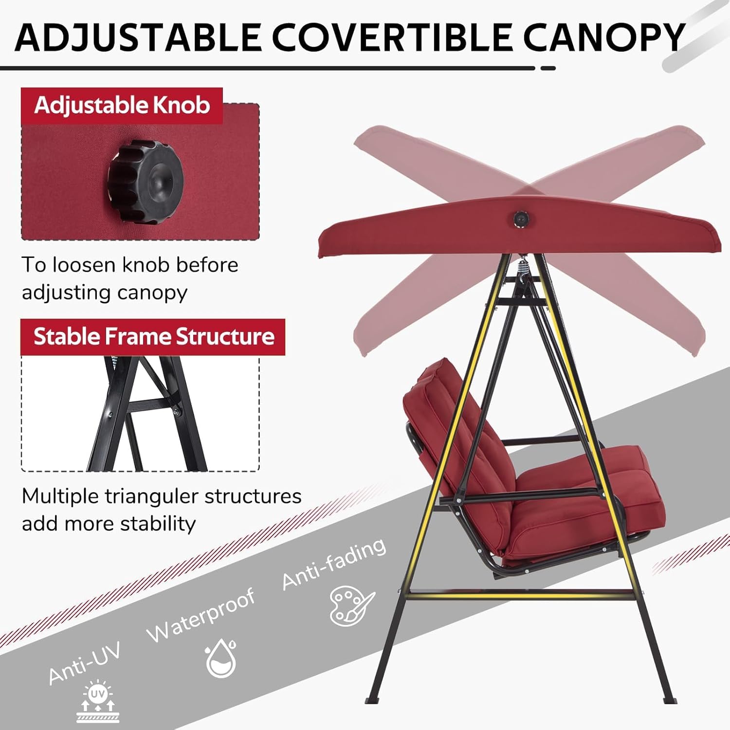 2 Seater Garden Swing Chair Adjustable Canopy Cushions Red Patio Bench