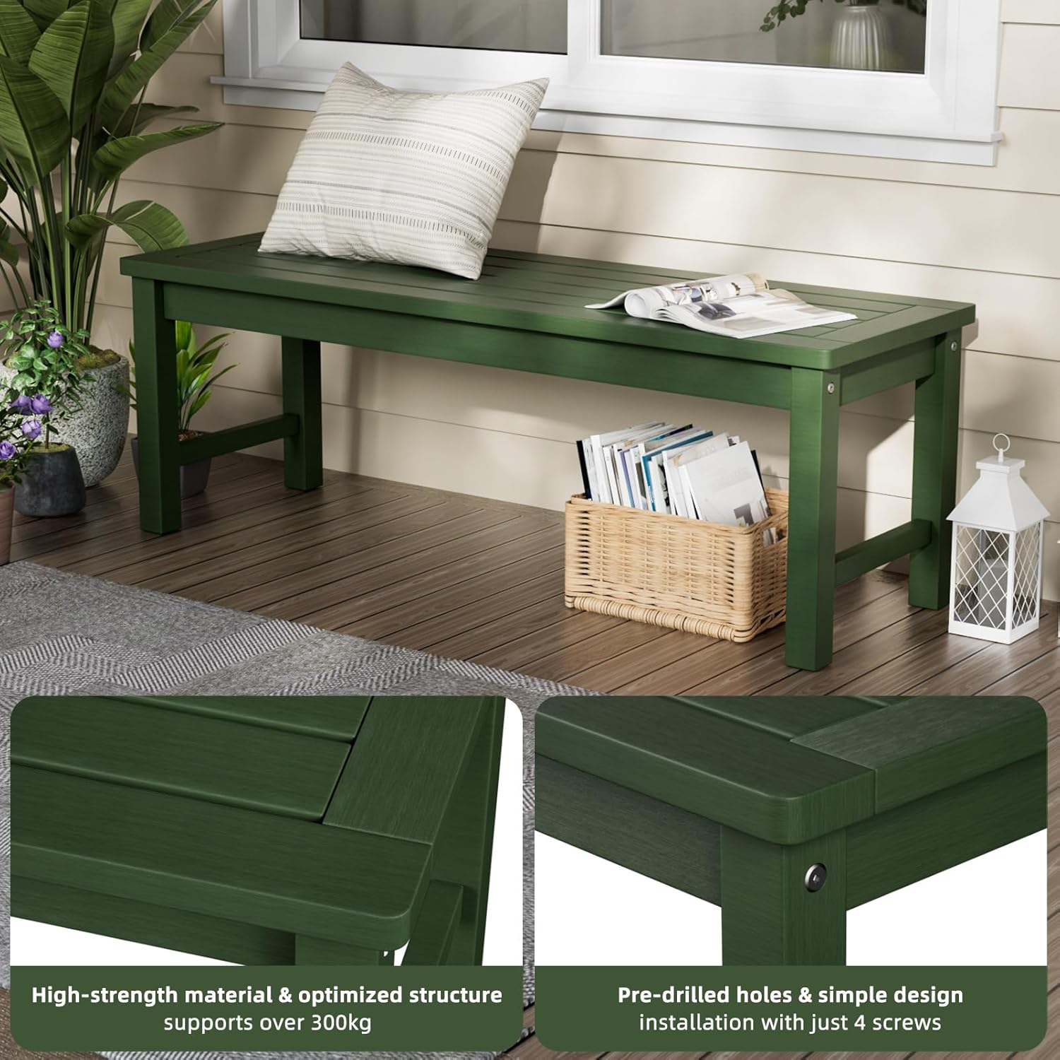 Outdoor Garden Bench 2–3 Seater Backless Patio Deck Seat Green