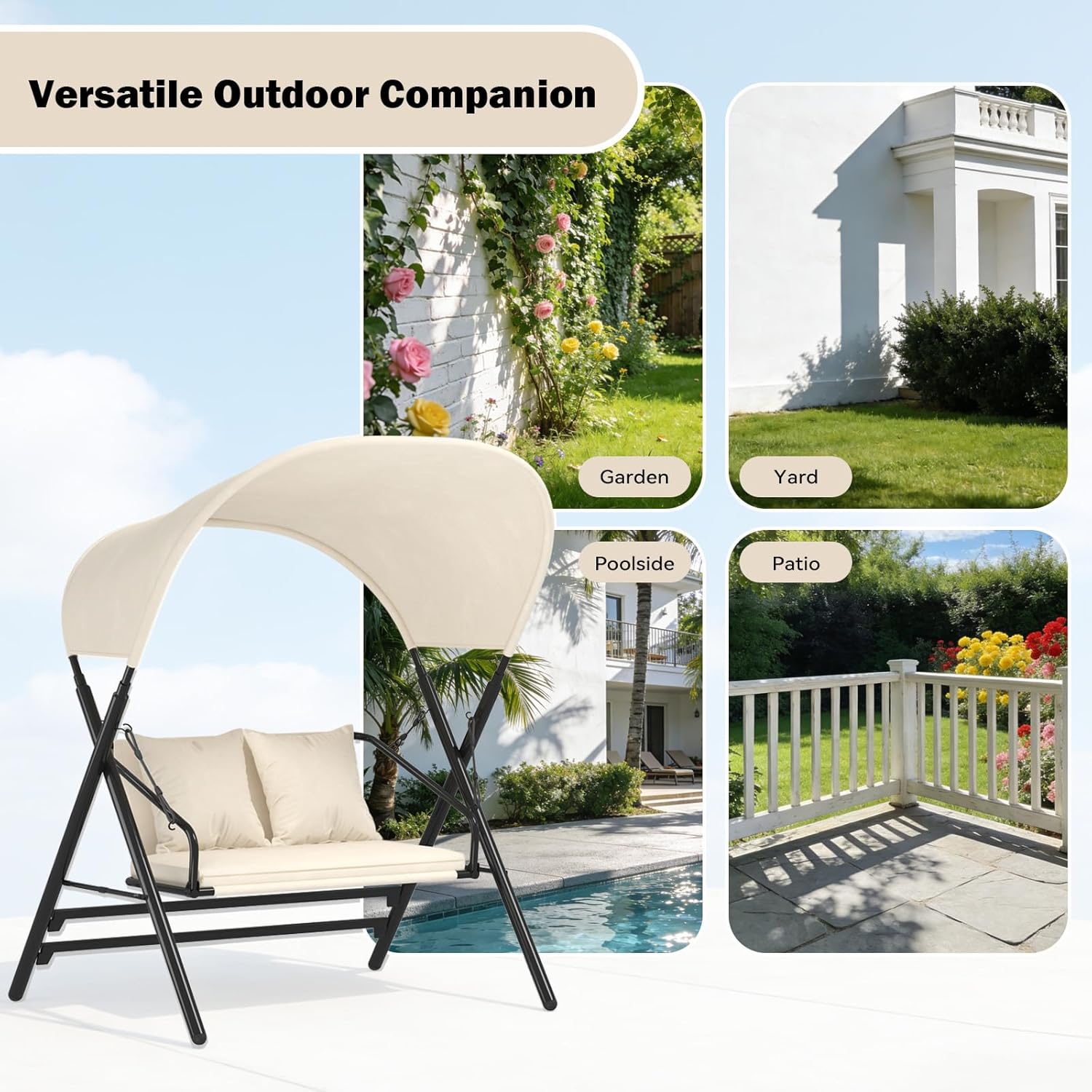 2 Seater Garden Swing Seat Canopy Cushions Metal Frame 272kg