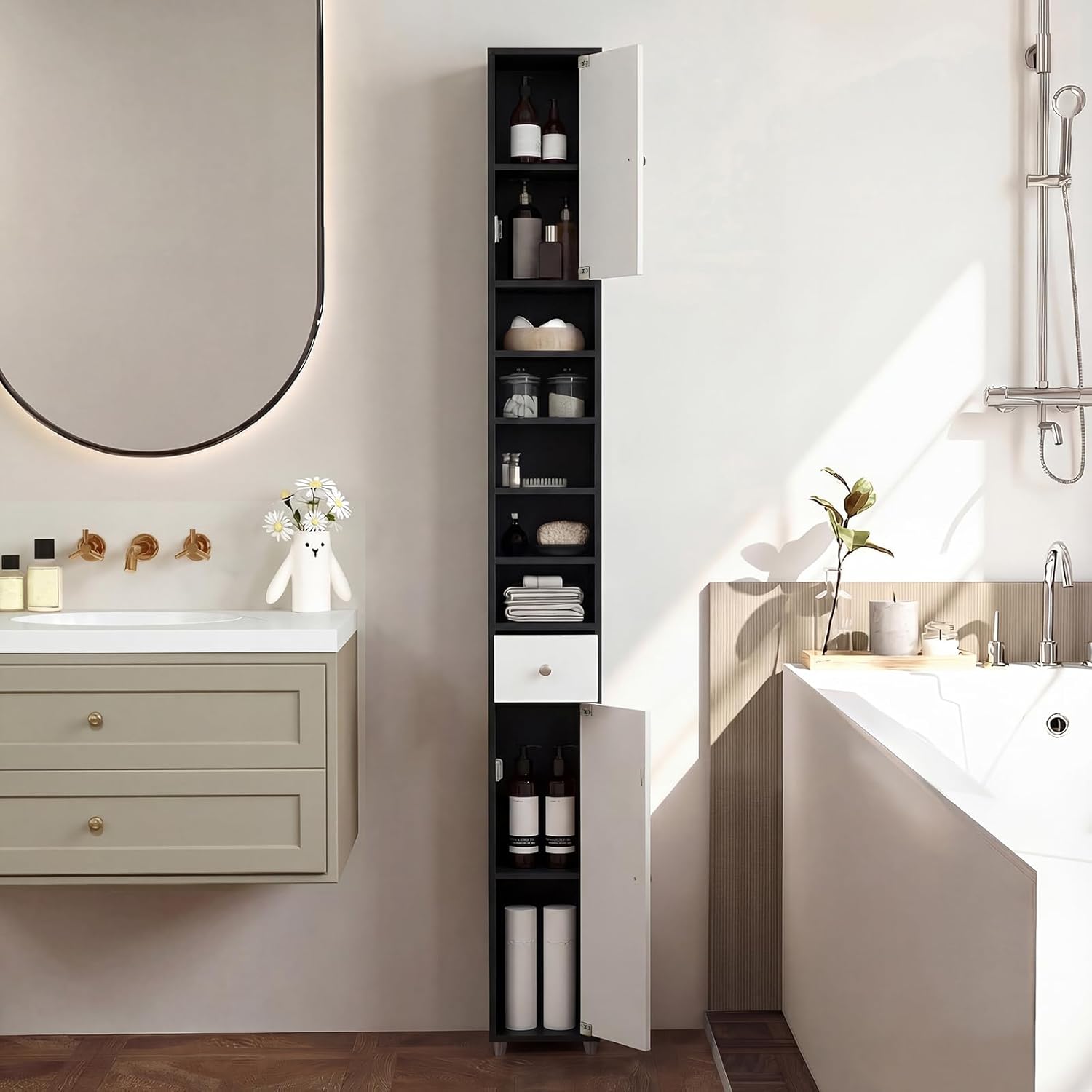 Slim Bathroom Tall Storage Cabinet Drawer Shelf White Black