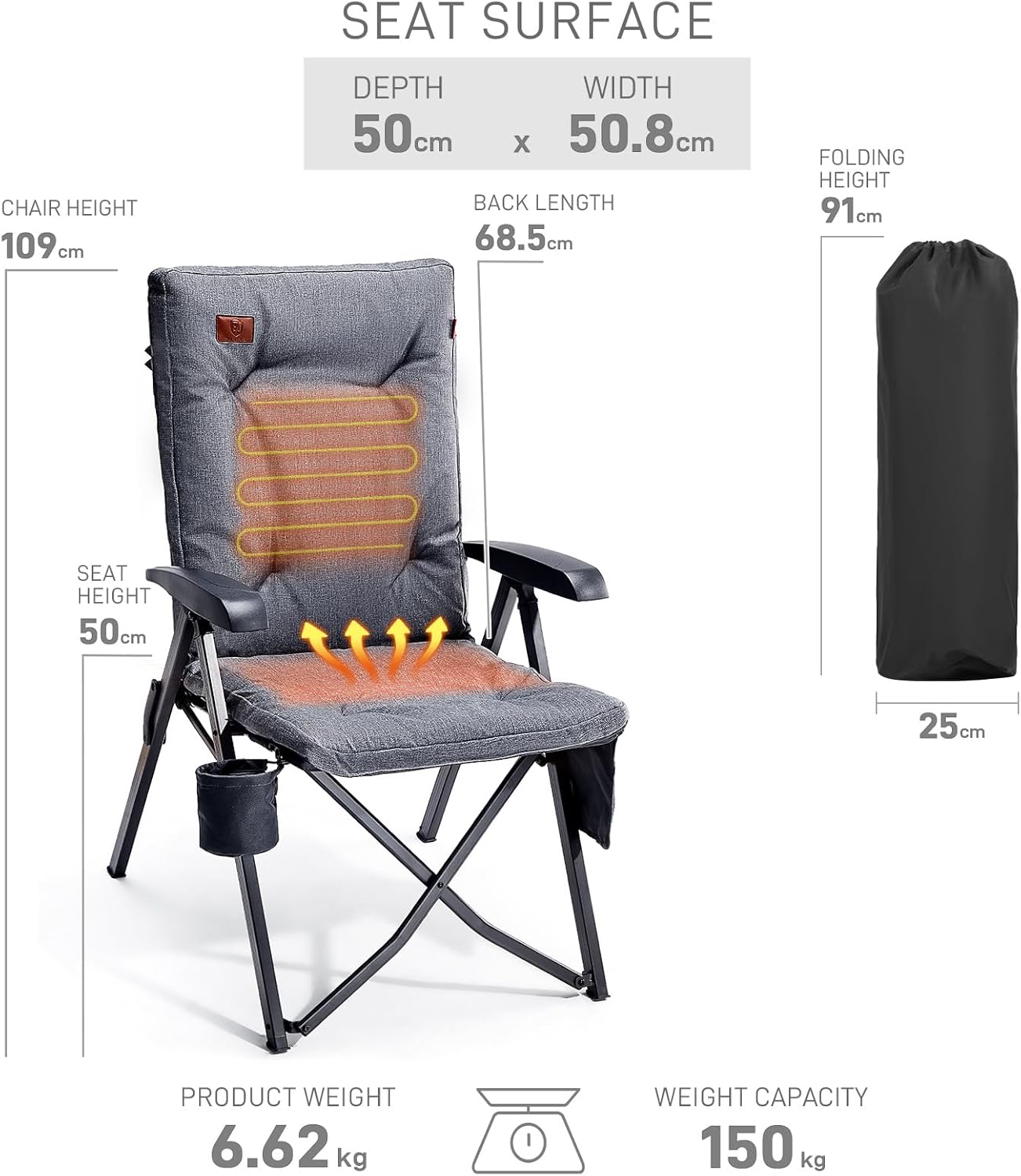 Heated Reclining Camping Chair 150kg High Back Padded