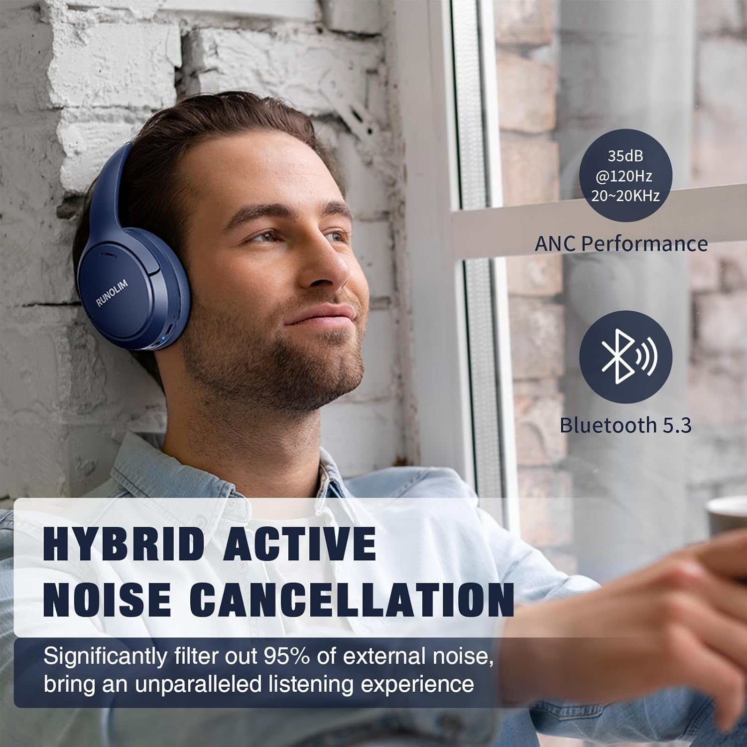 Wireless Noise Cancelling Over Ear Bluetooth Headphones 65Hr Blue