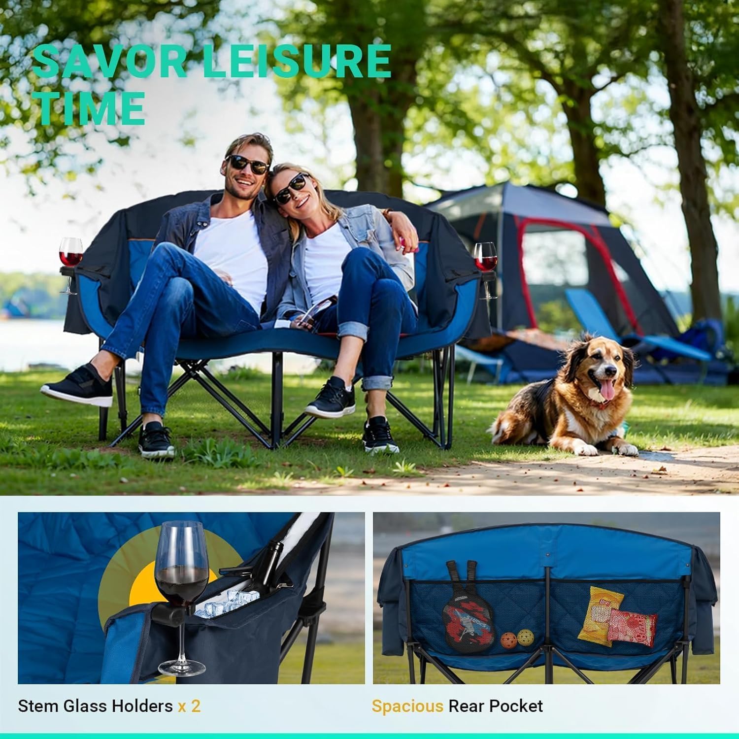 Oversized Double Camping Chair 2 Seater 382kg Blue